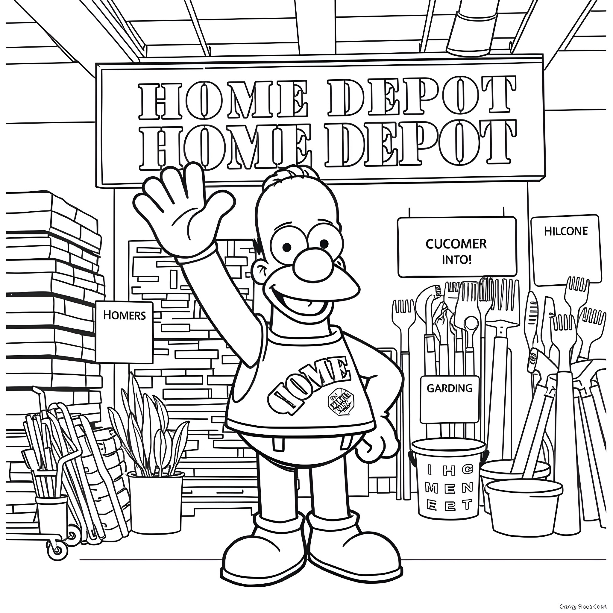 Homer waves happily at the Home Depot store Coloring Page (free black-and-white line drawing printable PDF for all, from beginners to advanced learners, including children, teens, adults, and seniors)