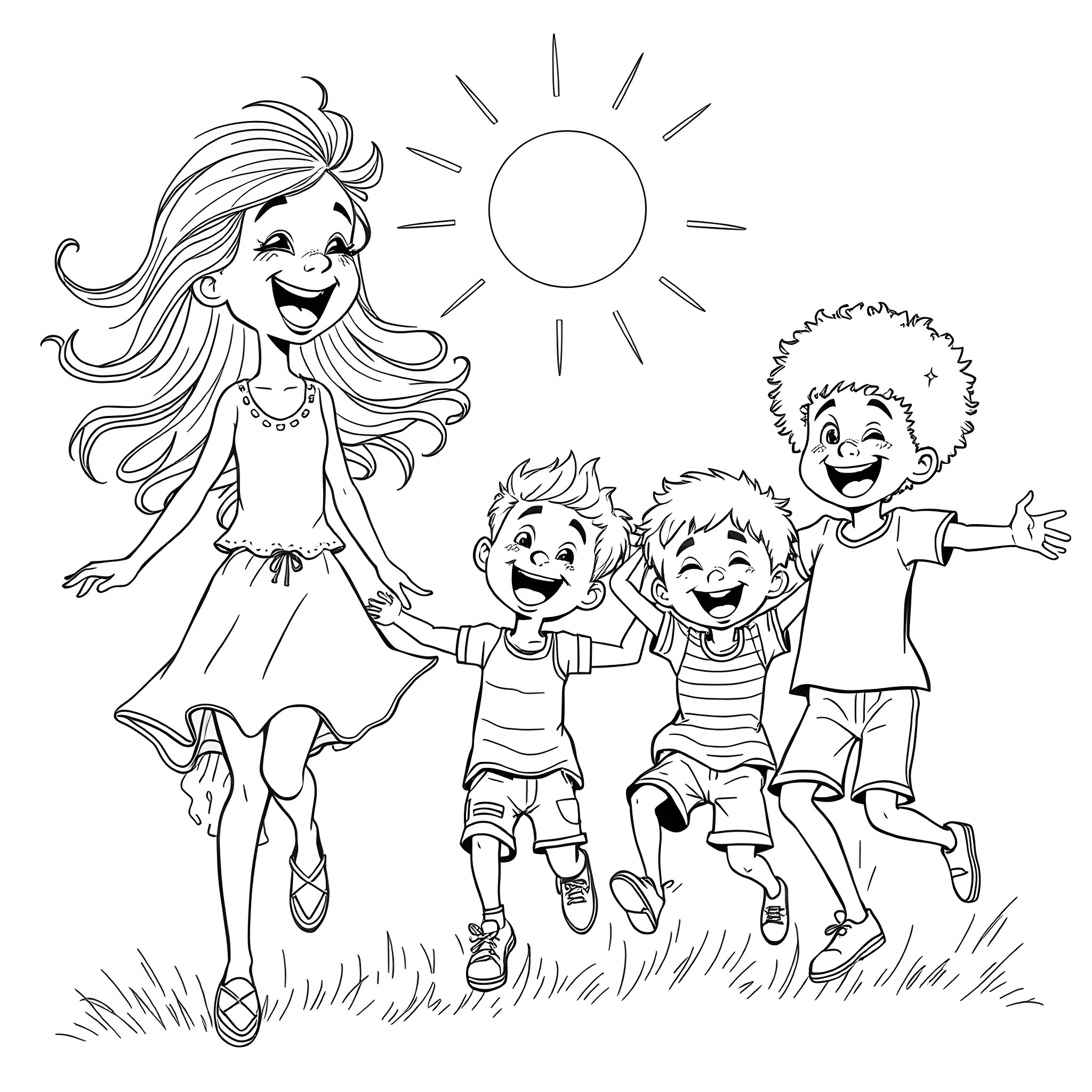 Girl playing joyfully with happy children in the sun Coloring Page (free black-and-white line drawing printable PDF for all, from beginners to advanced learners, including children, teens, adults, and seniors)