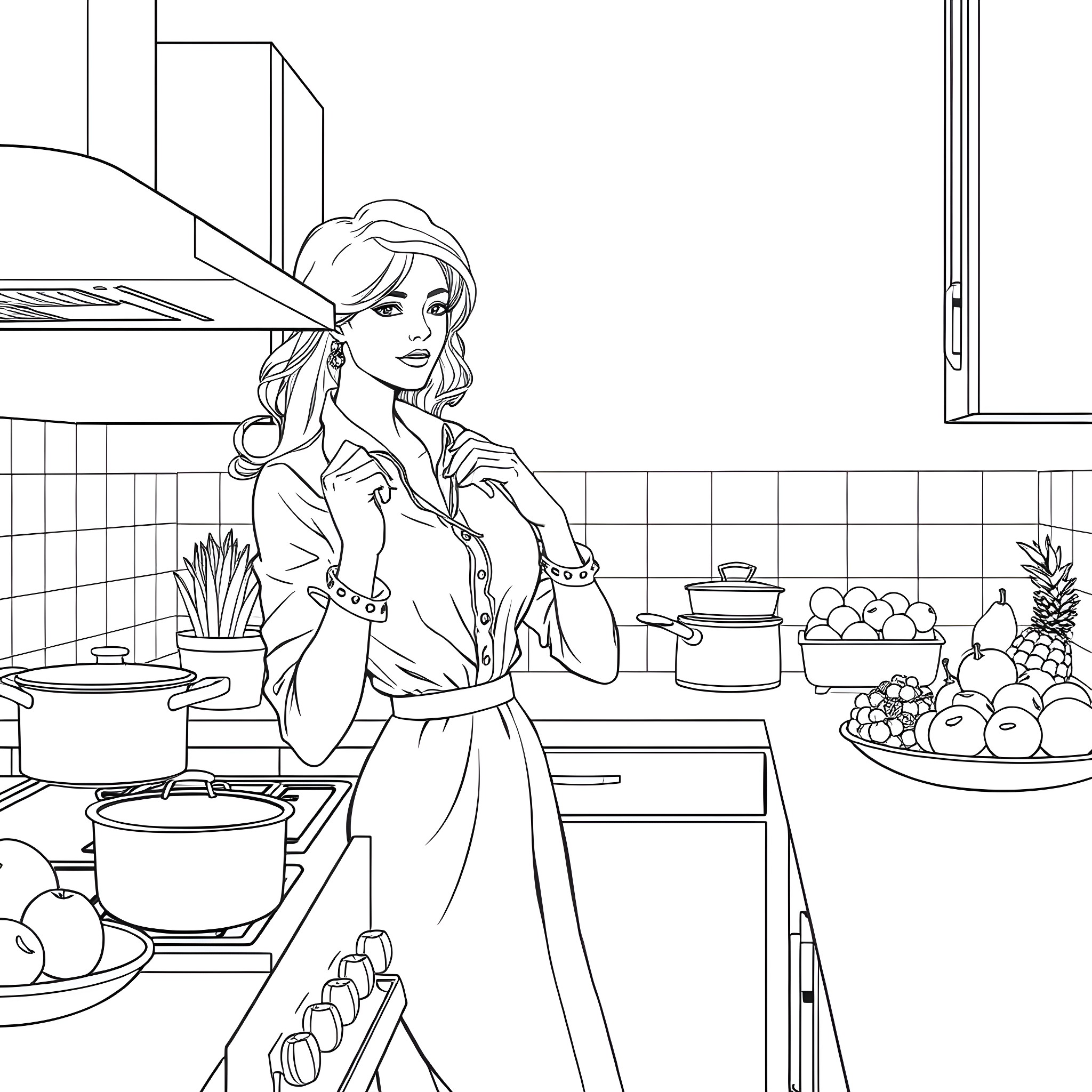 Lady Cooking Delicious Meal in the Kitchen Coloring Page (free black-and-white line drawing printable PDF for all, from beginners to advanced learners, including children, teens, adults, and seniors)