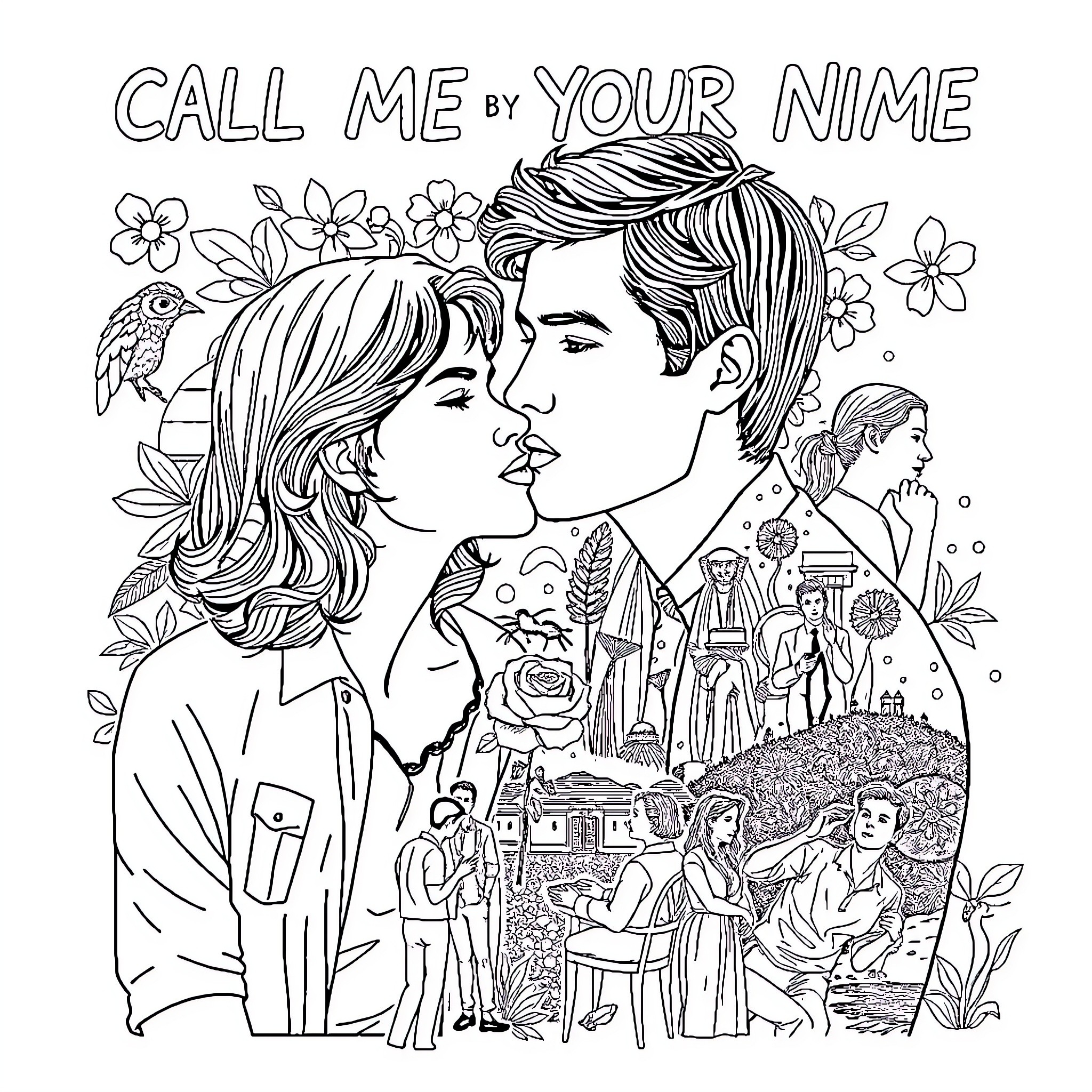 Call Me by Your Name: Romantic embrace amidst floral scenery Coloring Page (free black-and-white line drawing printable PDF for all, from beginners to advanced learners, including children, teens, adults, and seniors)
