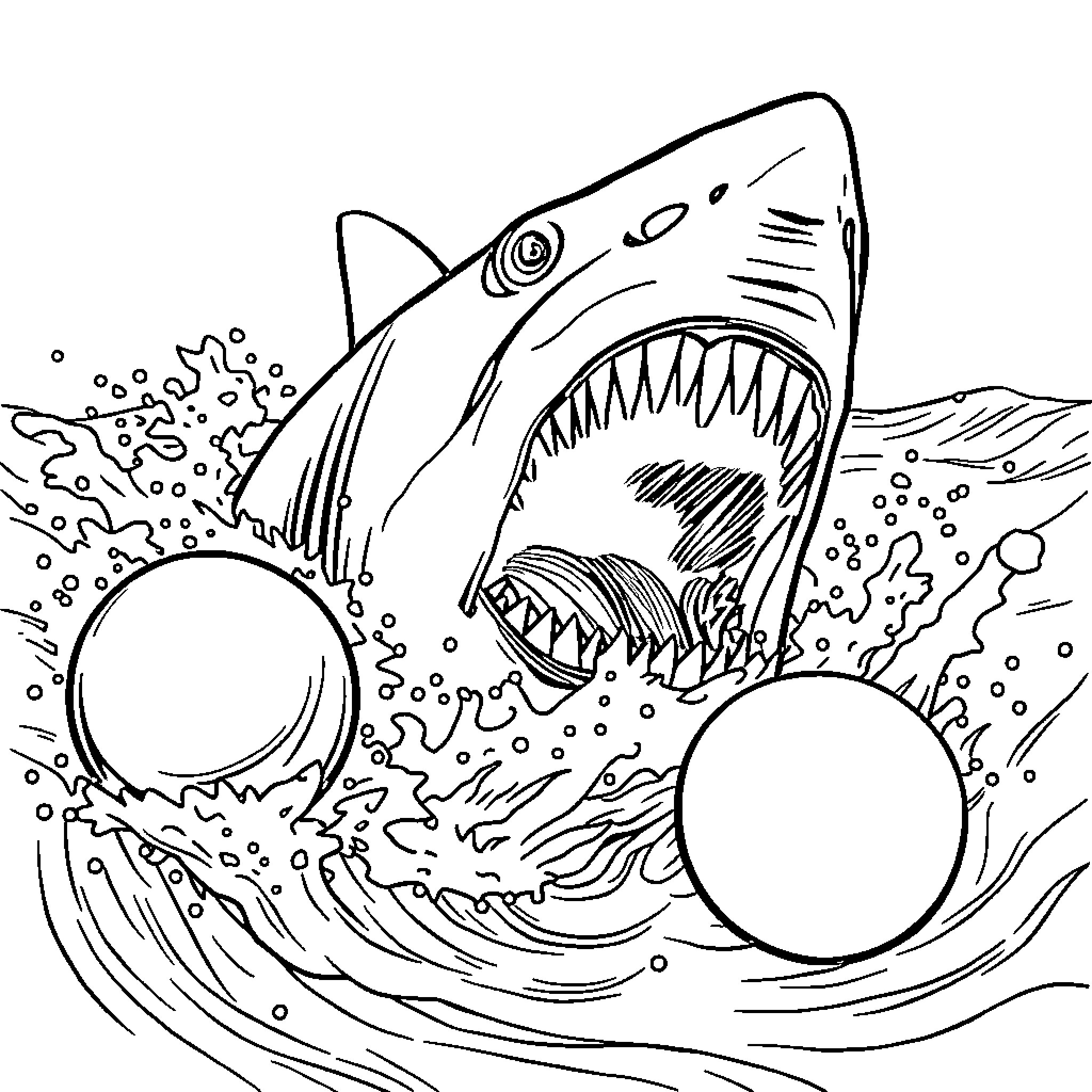 Shark Attacking in Choppy Waves Coloring Page (free black-and-white line drawing printable PDF for all, from beginners to advanced learners, including children, teens, adults, and seniors)