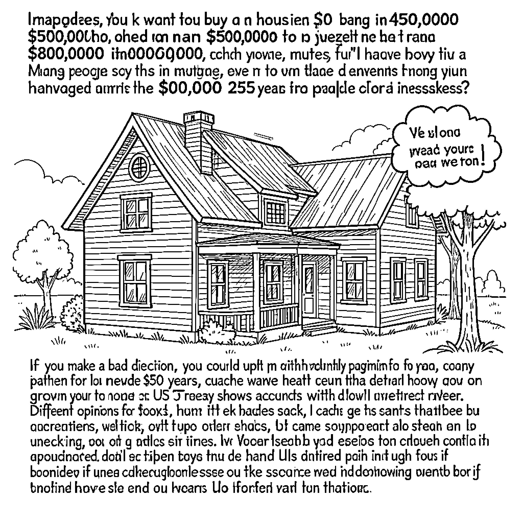 Mortgage concept illustration of a house and complex text Coloring Page (free black-and-white line drawing printable PDF for all, from beginners to advanced learners, including children, teens, adults, and seniors)
