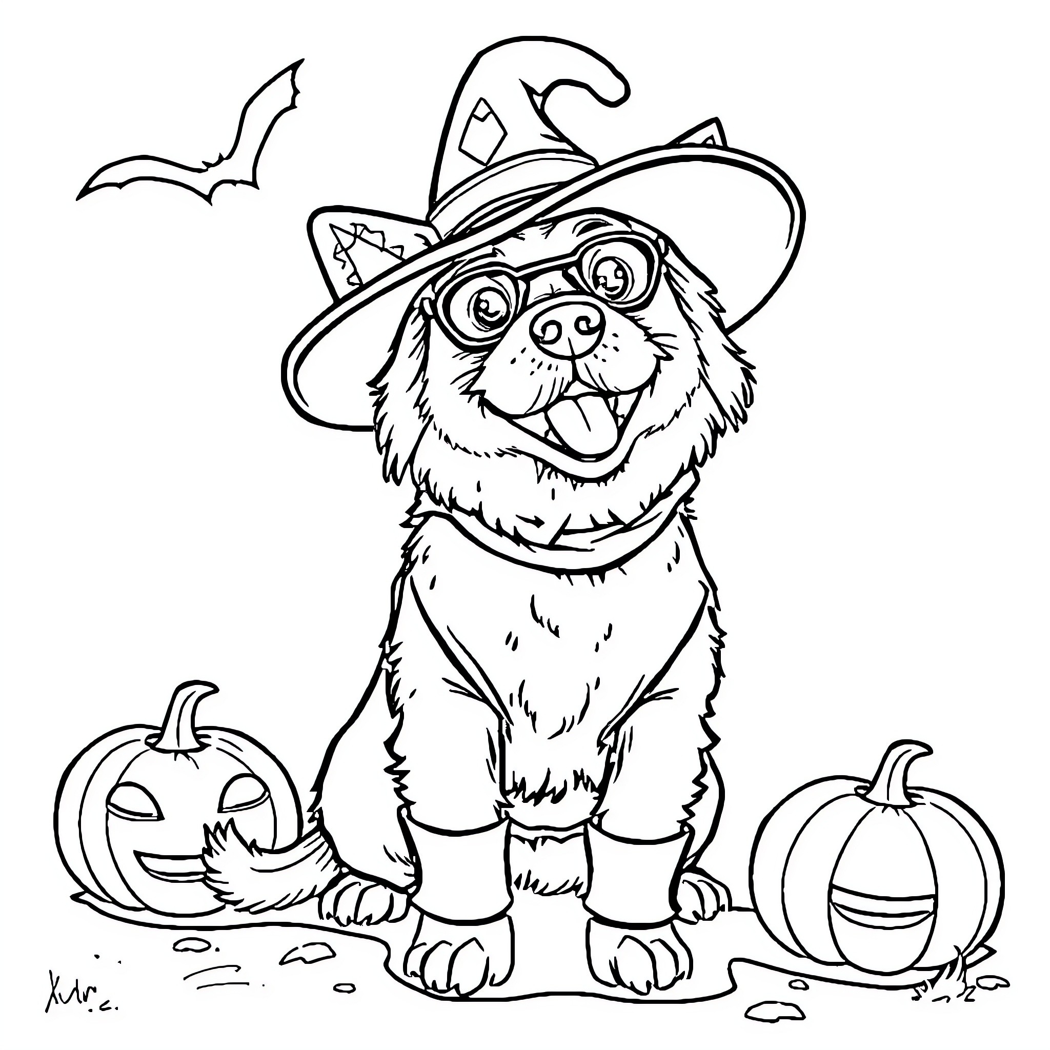 Dog dressed up for Halloween with pumpkins Coloring Page (free black-and-white line drawing printable PDF for all, from beginners to advanced learners, including children, teens, adults, and seniors)