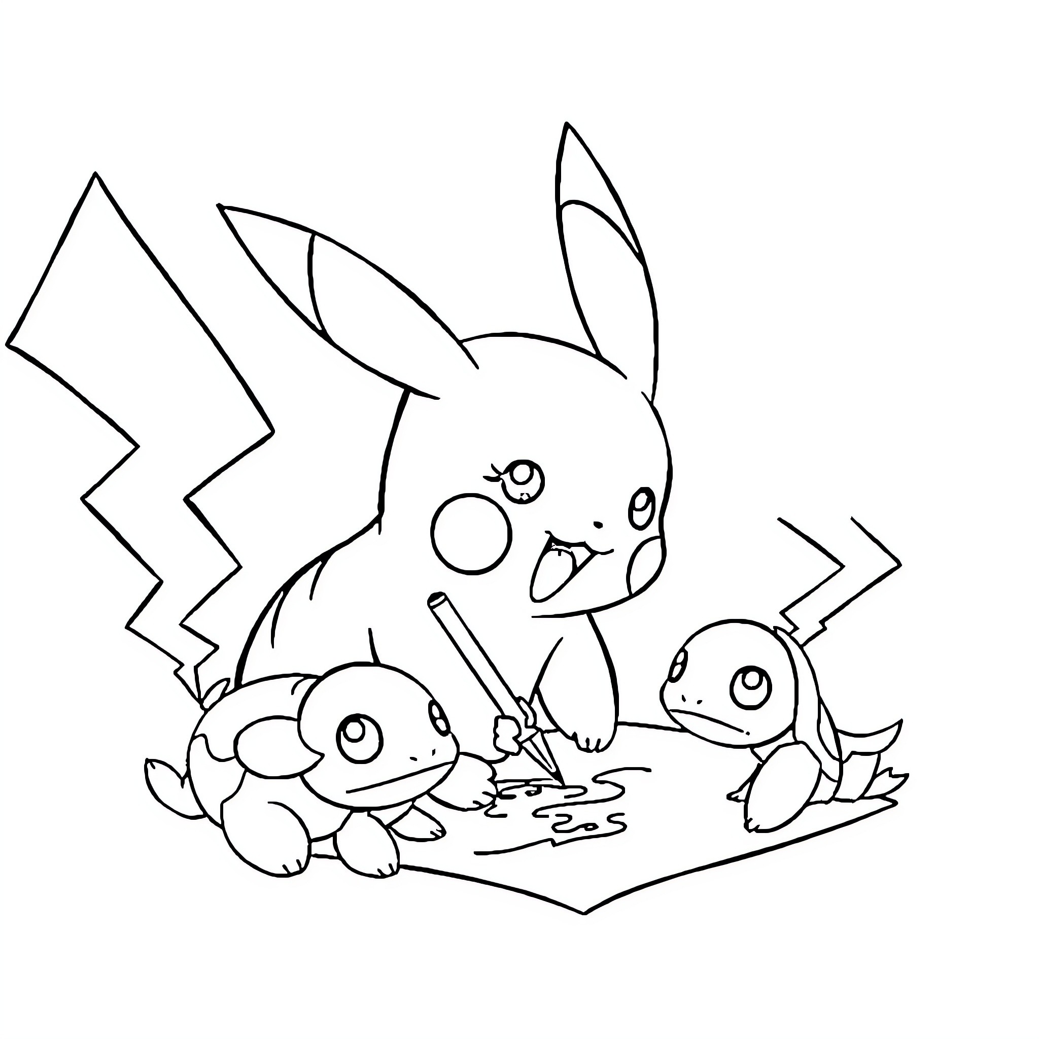 Pikachu playing with Pokemon friends Coloring Page (free black-and-white line drawing printable PDF for all, from beginners to advanced learners, including children, teens, adults, and seniors)