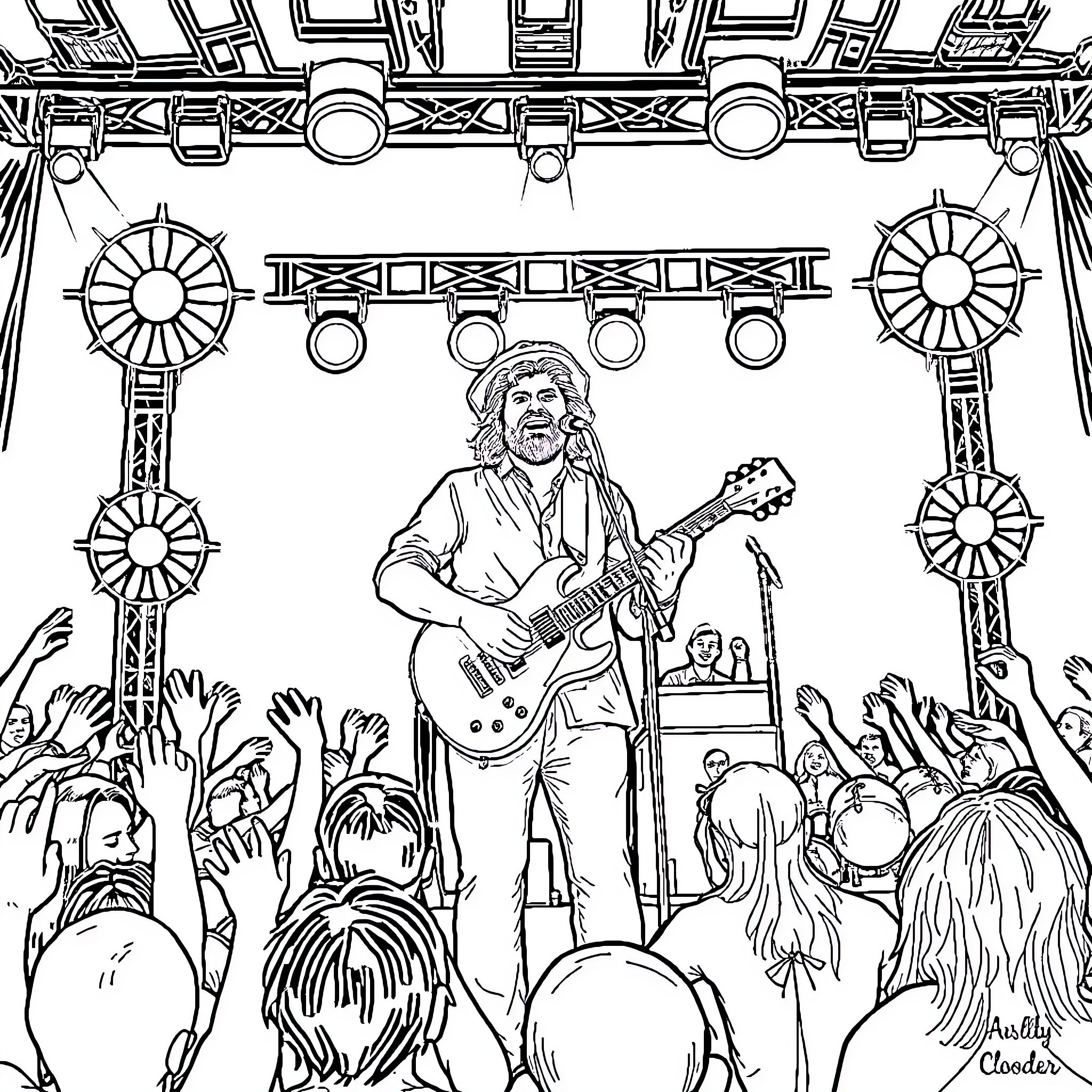 Twiddle Rockstar on Stage with Adoring Crowd Coloring Page (free black-and-white line drawing printable PDF for all, from beginners to advanced learners, including children, teens, adults, and seniors)