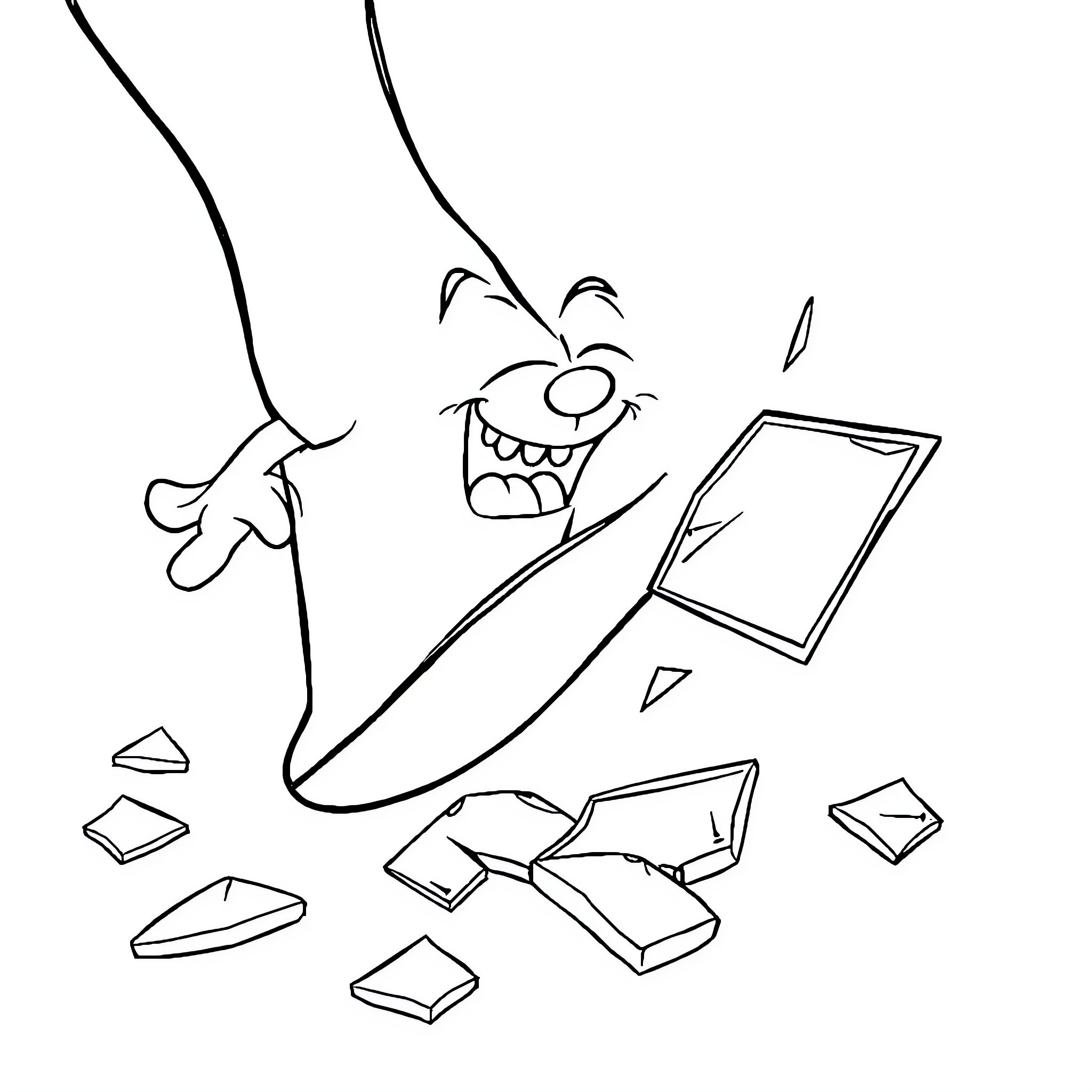 Vector Cartoon Character Shattering Tablet Device Coloring Page (free black-and-white line drawing printable PDF for all, from beginners to advanced learners, including children, teens, adults, and seniors)