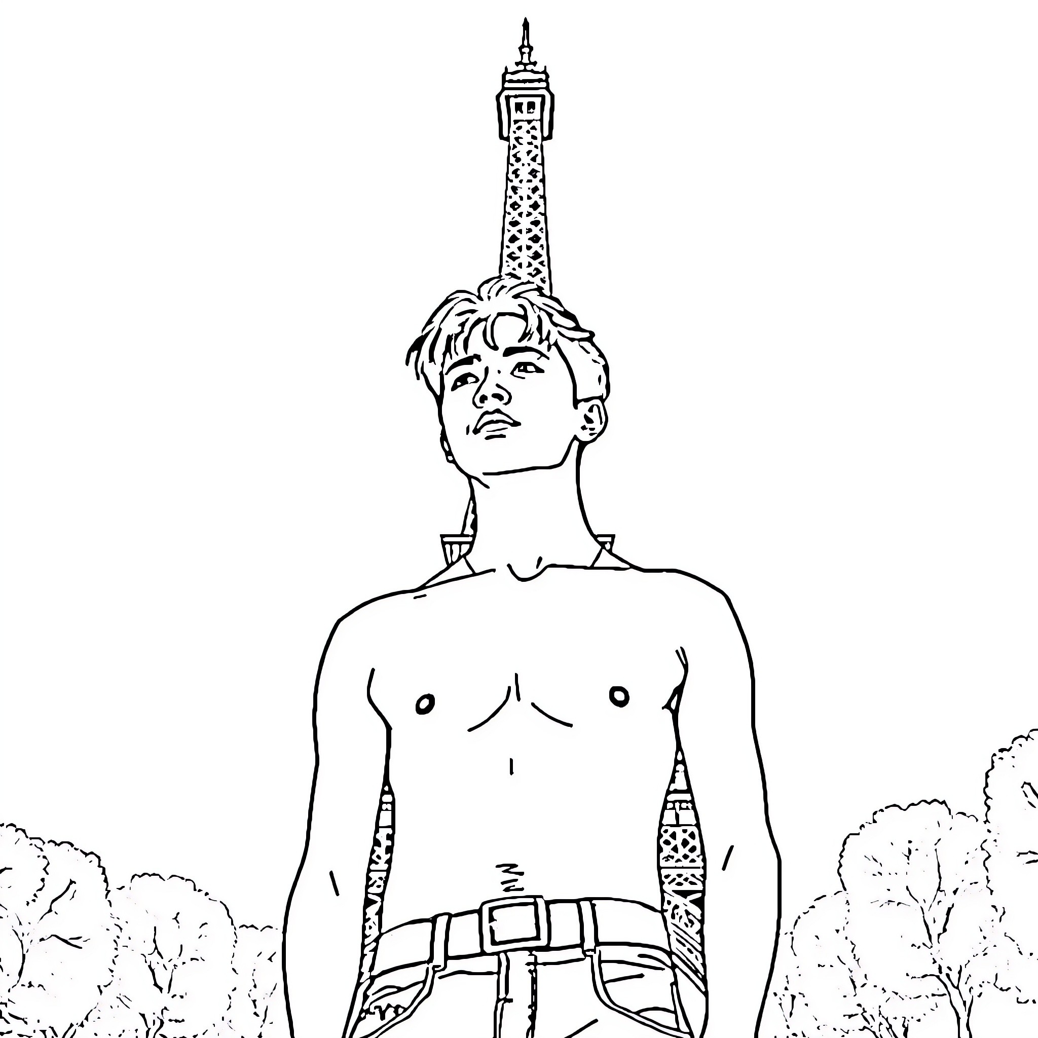 Jungkook standing proudly in a landscape Coloring Page (free black-and-white line drawing printable PDF for all, from beginners to advanced learners, including children, teens, adults, and seniors)