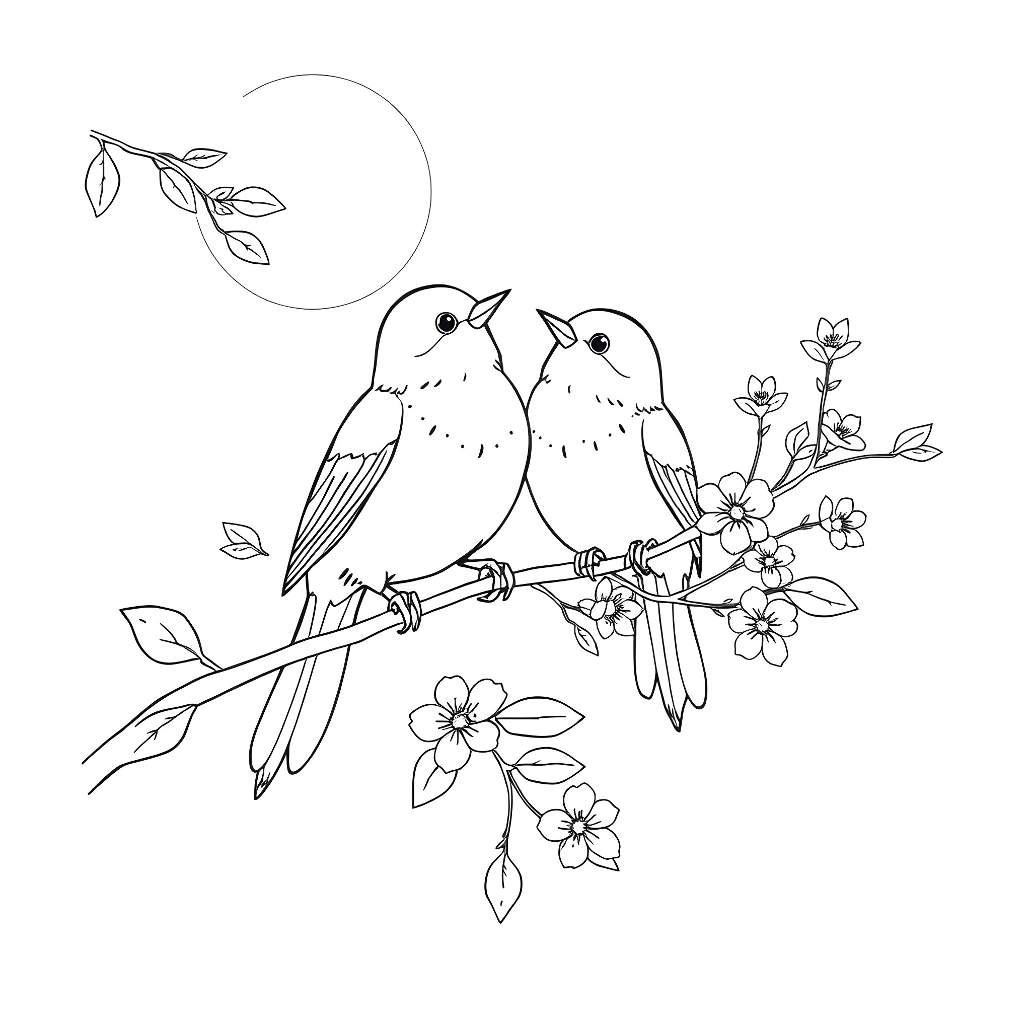 Tit Birds Perched on Flowering Branch Coloring Page (free black-and-white line drawing printable PDF for all, from beginners to advanced learners, including children, teens, adults, and seniors)
