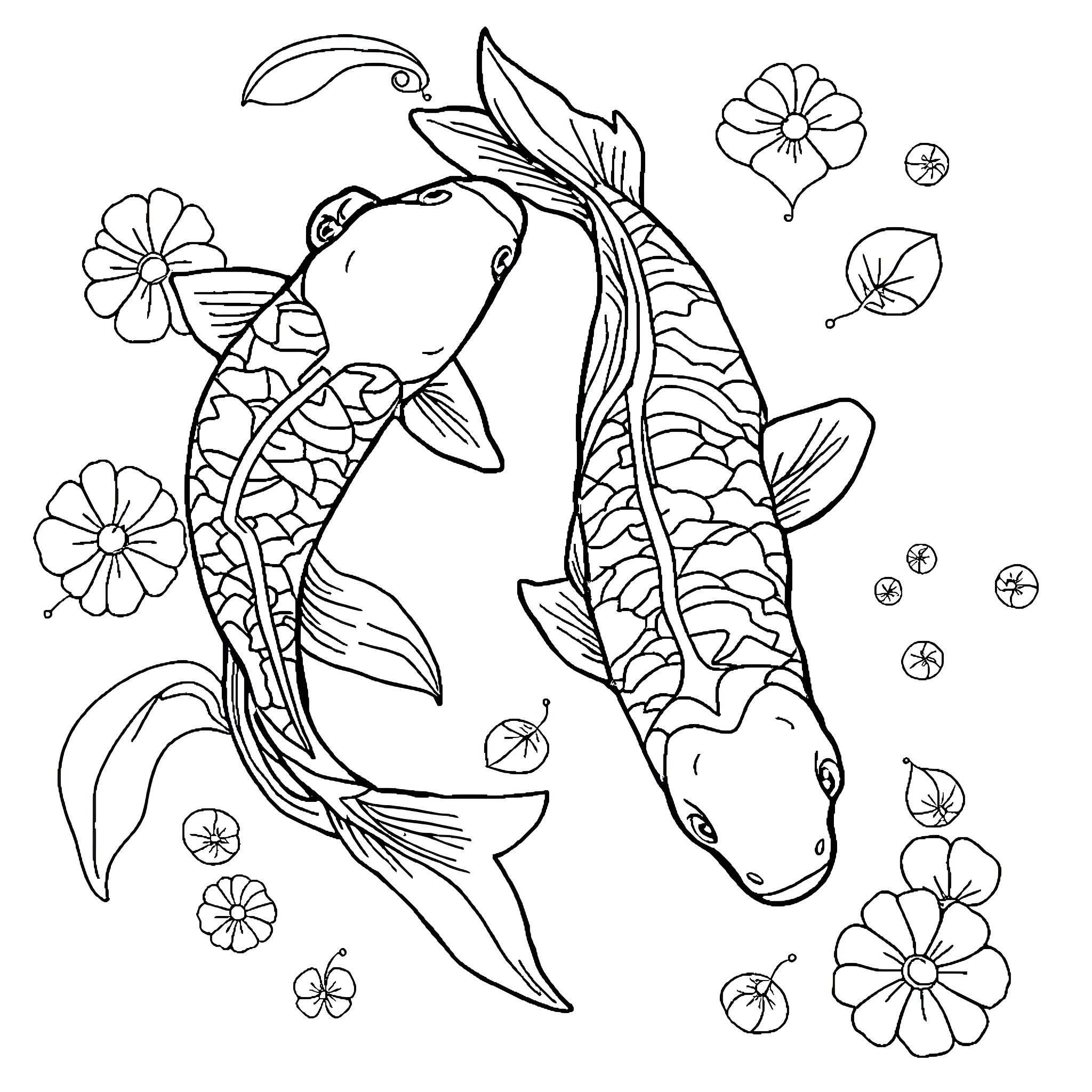 Koi Fish swimming among flowers Coloring Page (free black-and-white line drawing printable PDF for all, from beginners to advanced learners, including children, teens, adults, and seniors)