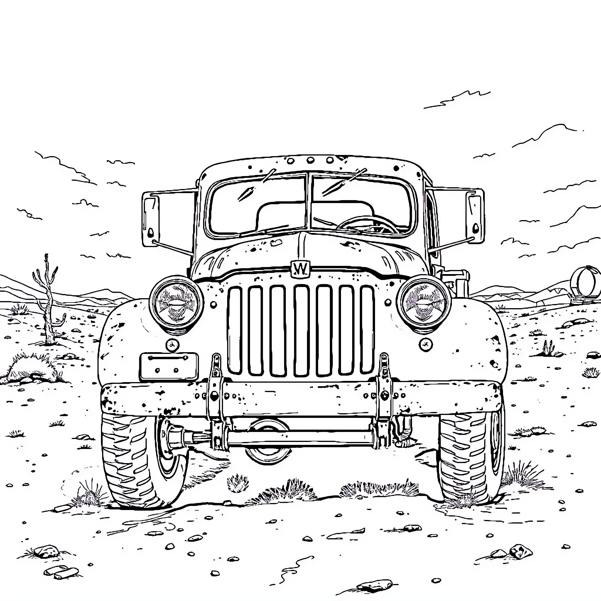 Truck traversing rugged desert landscape Coloring Page (free black-and-white line drawing printable PDF for all, from beginners to advanced learners, including children, teens, adults, and seniors)