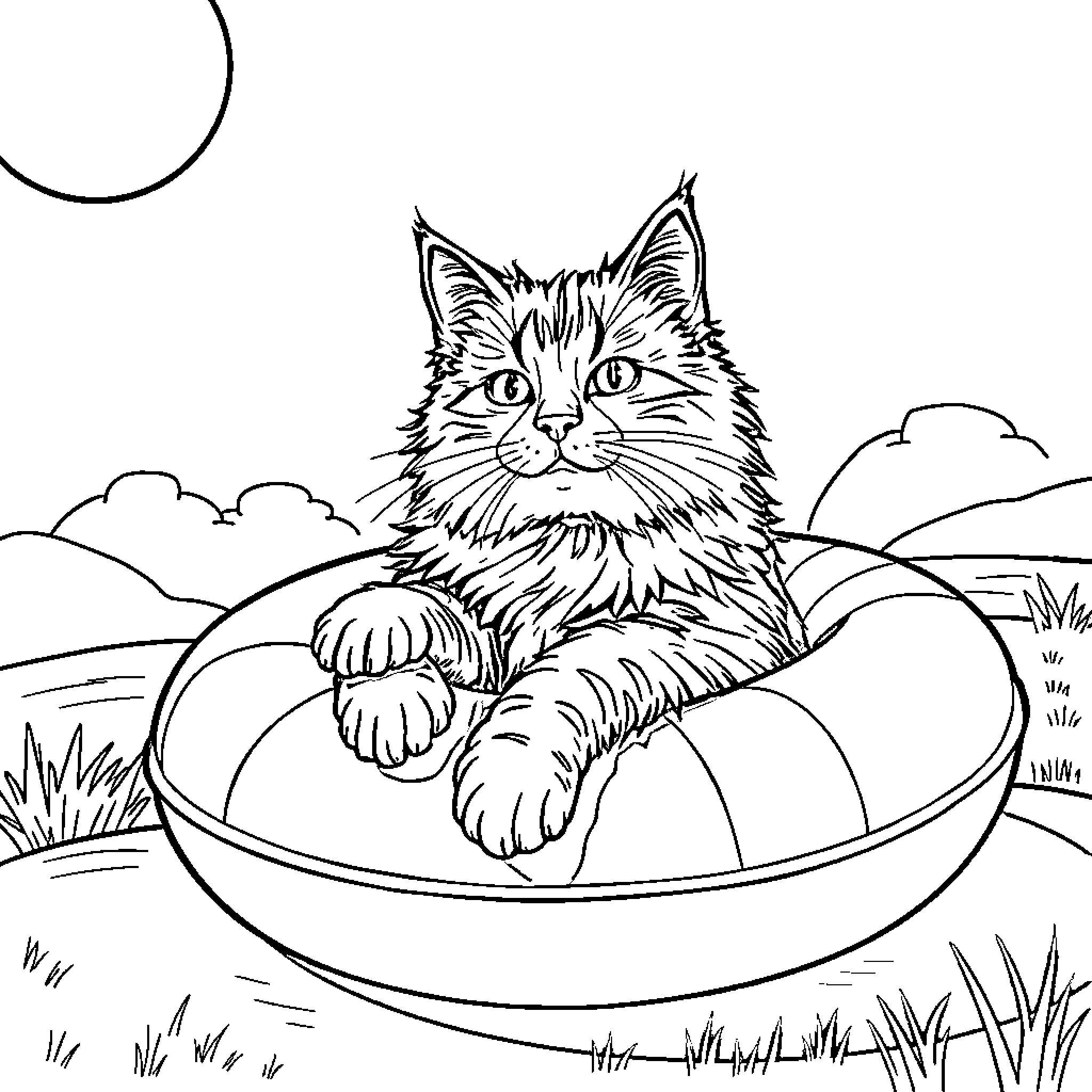 Cat enjoying a cozy day in the garden Coloring Page (free black-and-white line drawing printable PDF for all, from beginners to advanced learners, including children, teens, adults, and seniors)