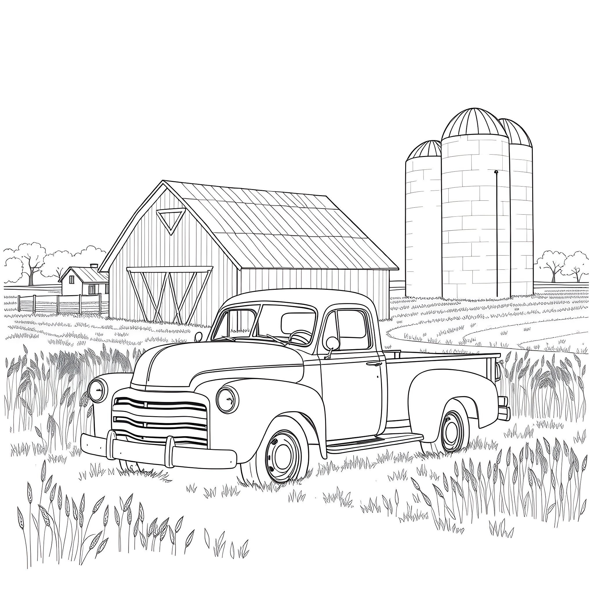 Grain Pickup in Rustic Farm Landscape Coloring Page (free black-and-white line drawing printable PDF for all, from beginners to advanced learners, including children, teens, adults, and seniors)