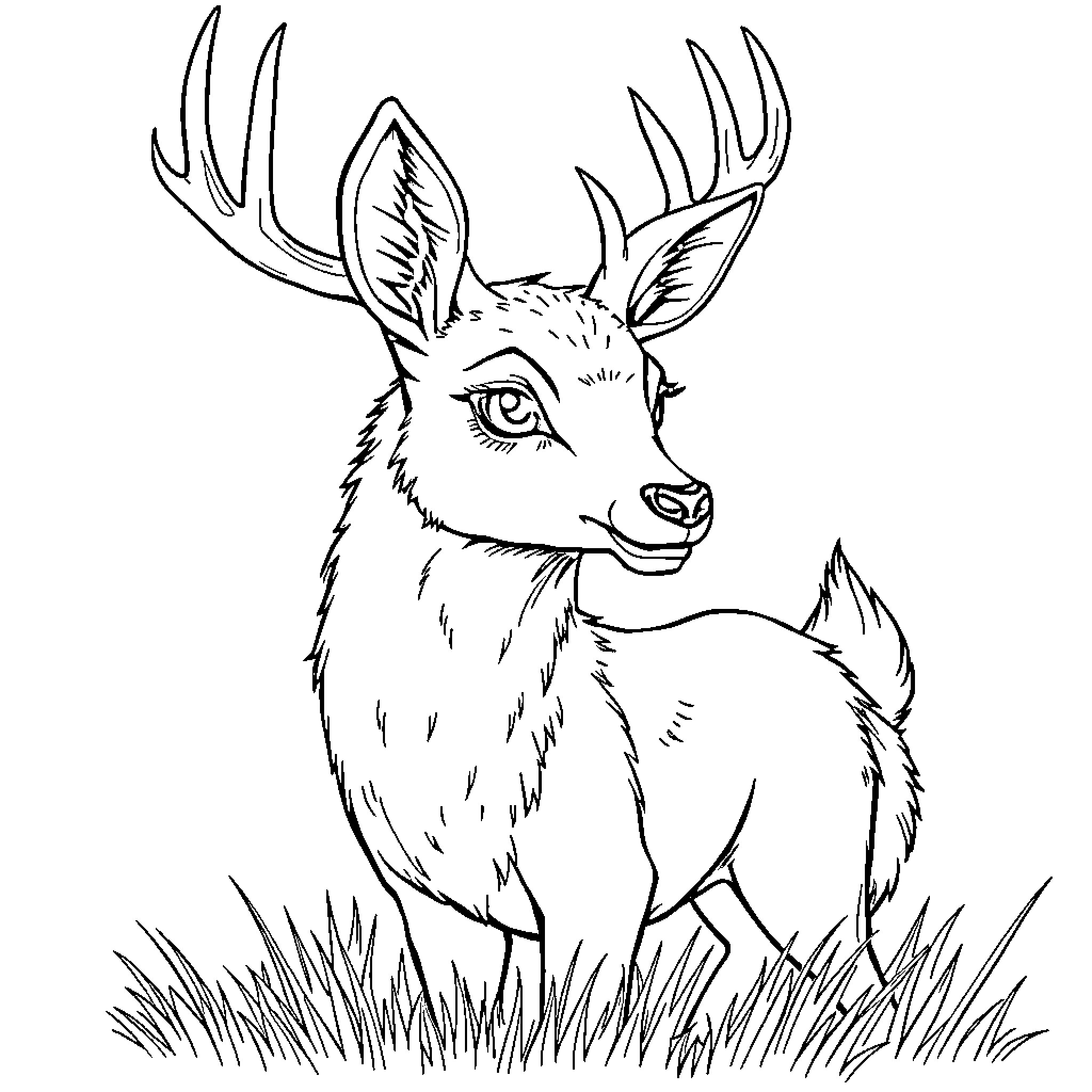 Deer standing in the wilderness Coloring Page (free black-and-white line drawing printable PDF for all, from beginners to advanced learners, including children, teens, adults, and seniors)