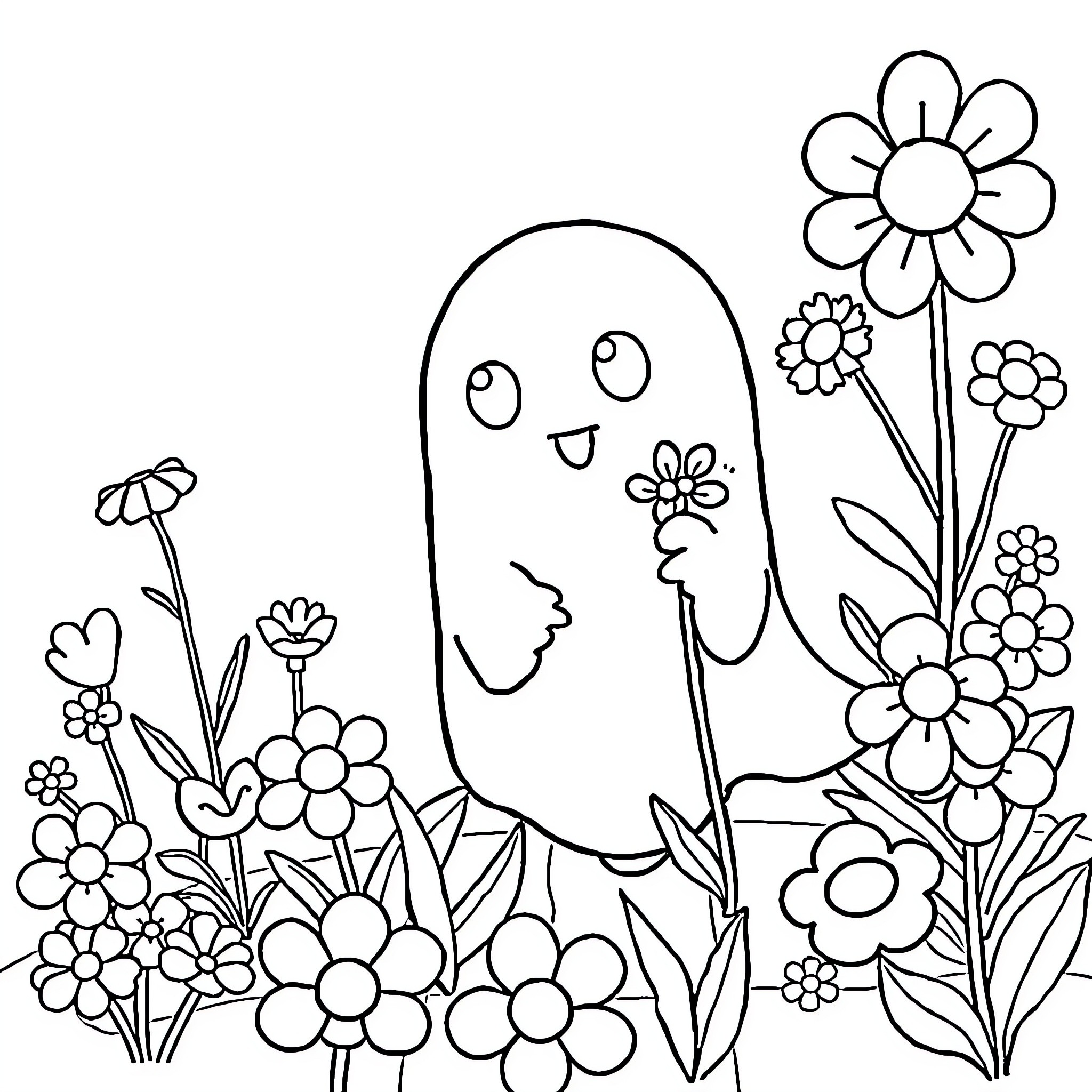 Ghost playing happily with flowers in the garden Coloring Page (free black-and-white line drawing printable PDF for all, from beginners to advanced learners, including children, teens, adults, and seniors)