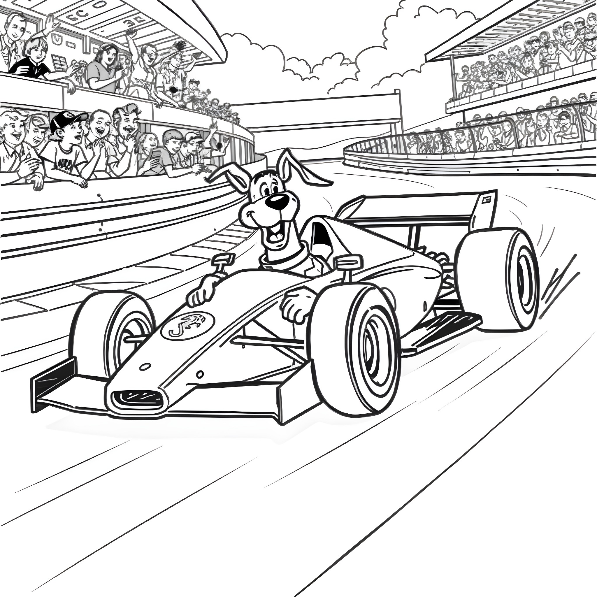 Scooby Doo's Exciting Formula One Race Coloring Page (free black-and-white line drawing printable PDF for all, from beginners to advanced learners, including children, teens, adults, and seniors)