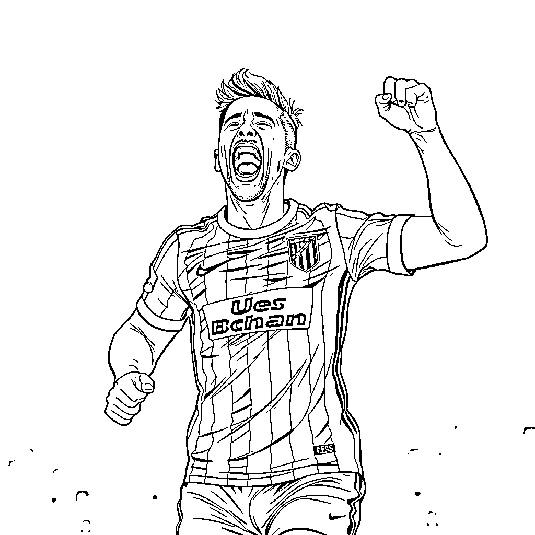 Football Player Celebrating Dramatic Victory on the Field Coloring Page (free black-and-white line drawing printable PDF for all, from beginners to advanced learners, including children, teens, adults, and seniors)