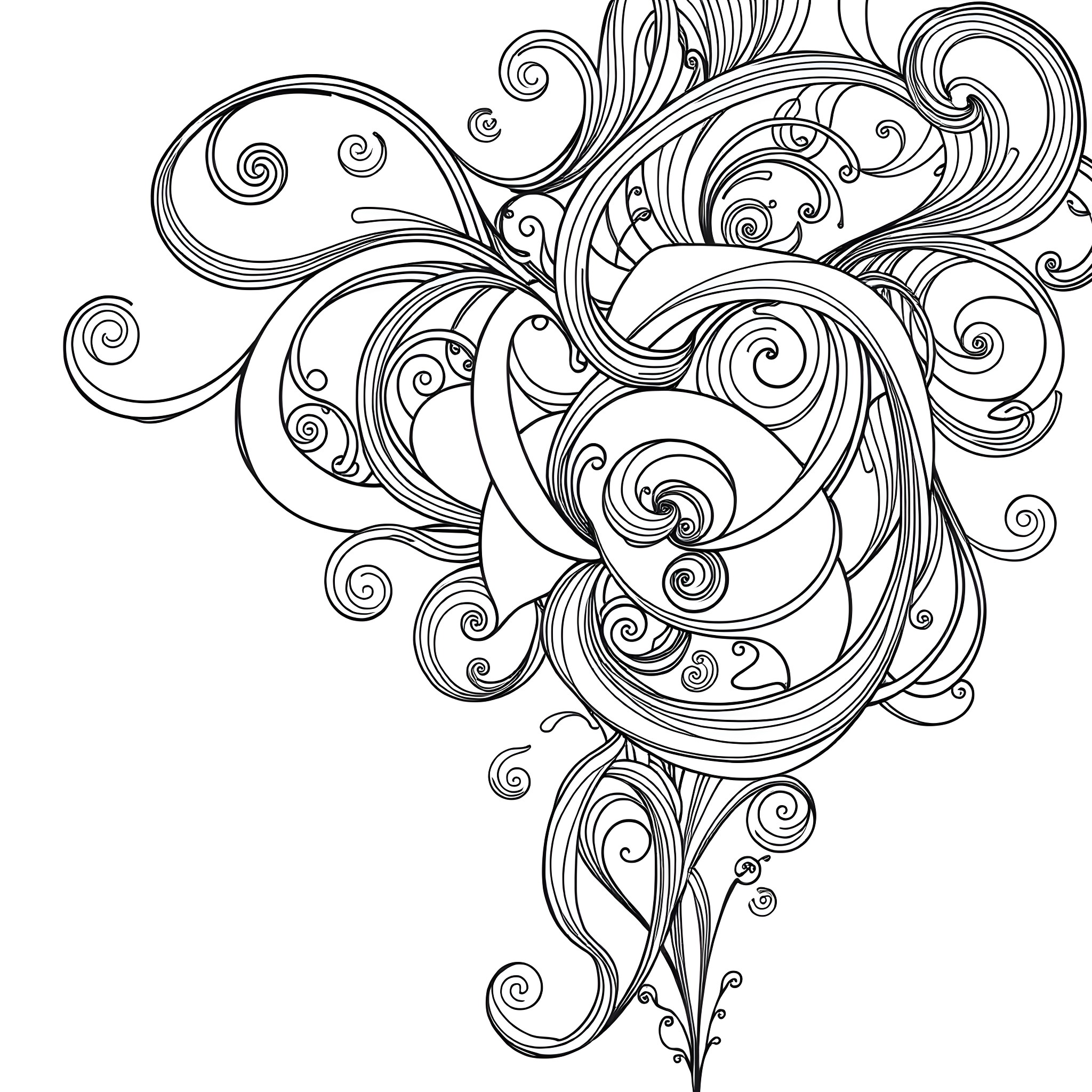 Pattern of Intricate Swirls and Curves Coloring Page (free black-and-white line drawing printable PDF for all, from beginners to advanced learners, including children, teens, adults, and seniors)