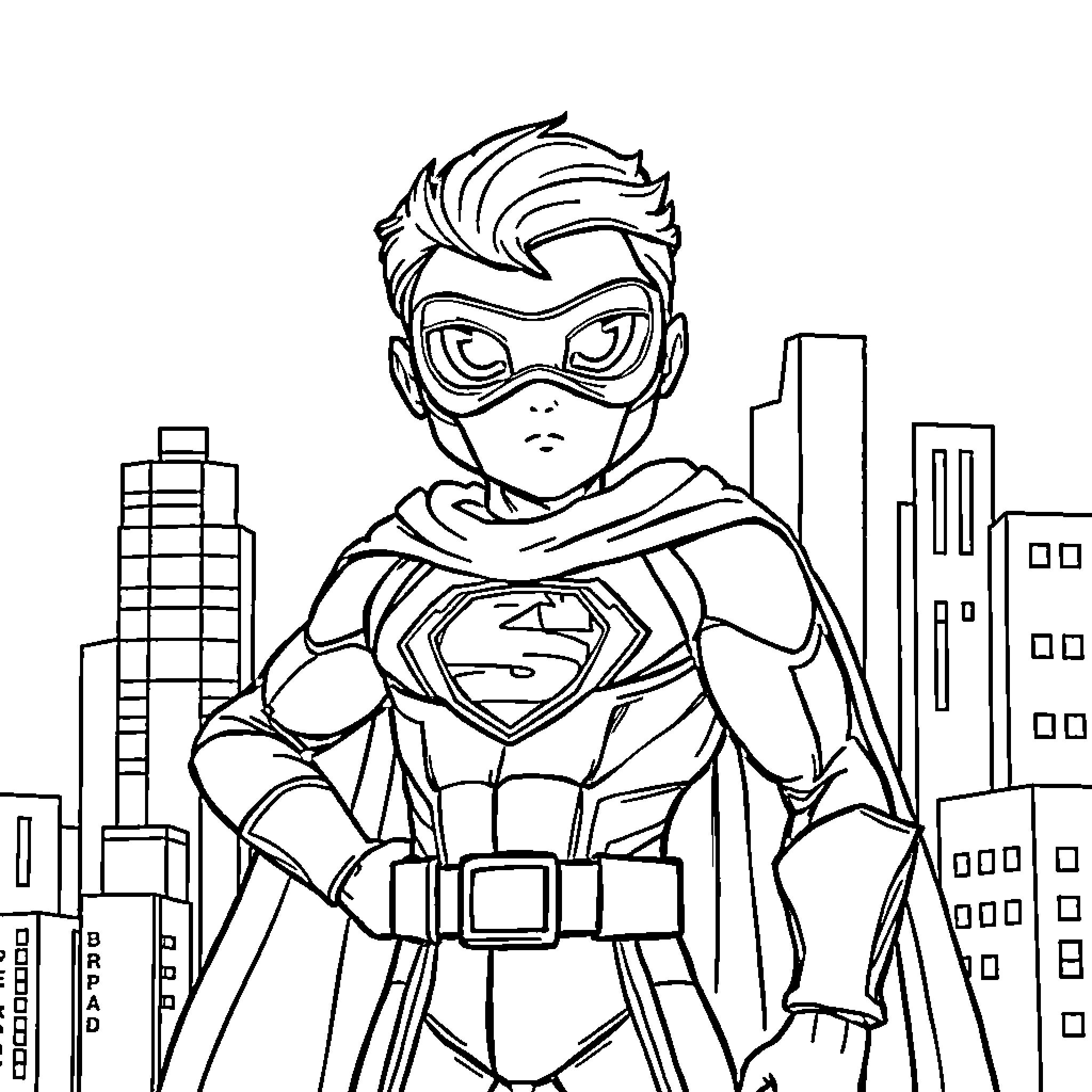 Superhero in action amid city skyline Coloring Page (free black-and-white line drawing printable PDF for all, from beginners to advanced learners, including children, teens, adults, and seniors)