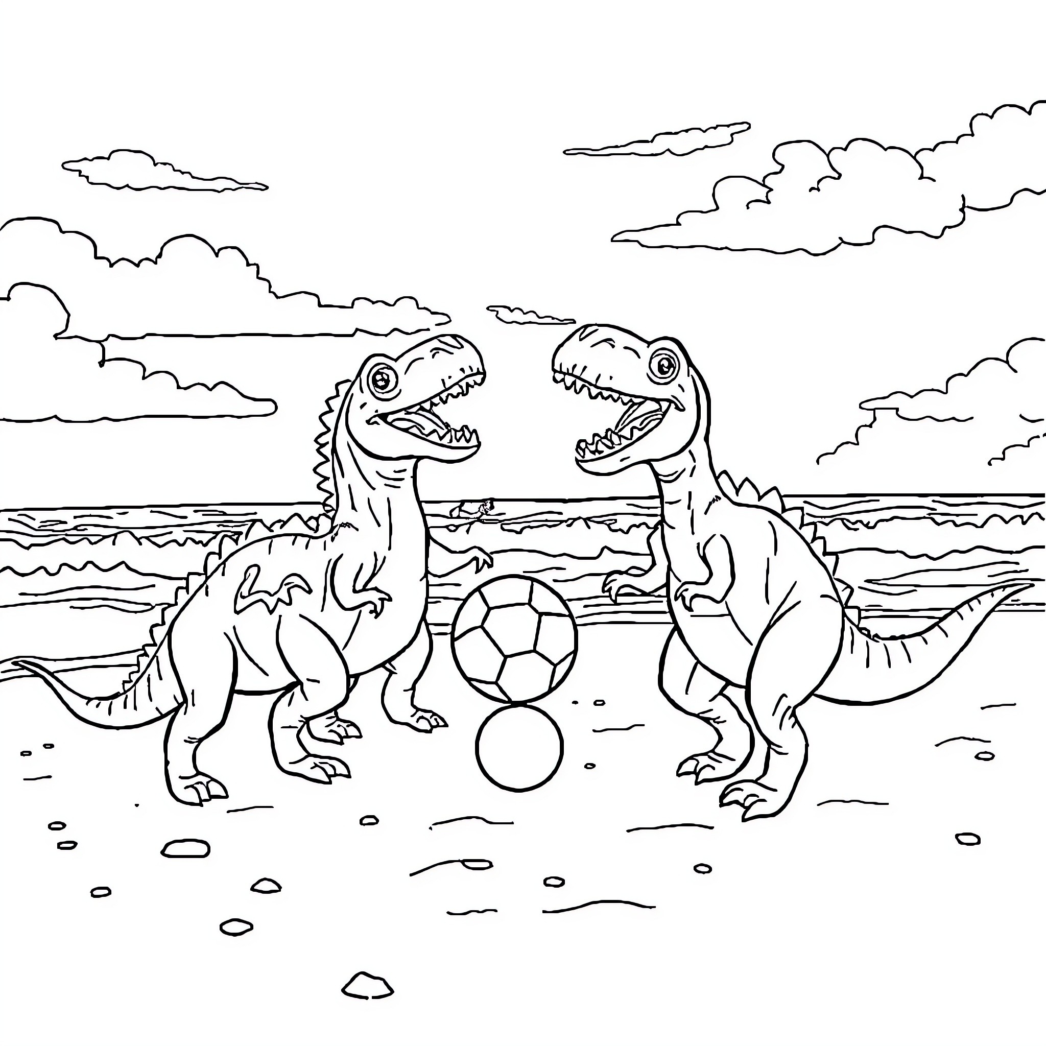 Dinosaurs playing together on the beach Coloring Page (free black-and-white line drawing printable PDF for all, from beginners to advanced learners, including children, teens, adults, and seniors)