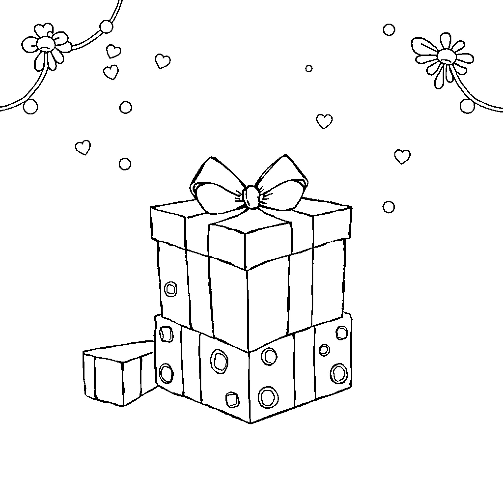Gift-wrapped present with floral accents Coloring Page (free black-and-white line drawing printable PDF for all, from beginners to advanced learners, including children, teens, adults, and seniors)