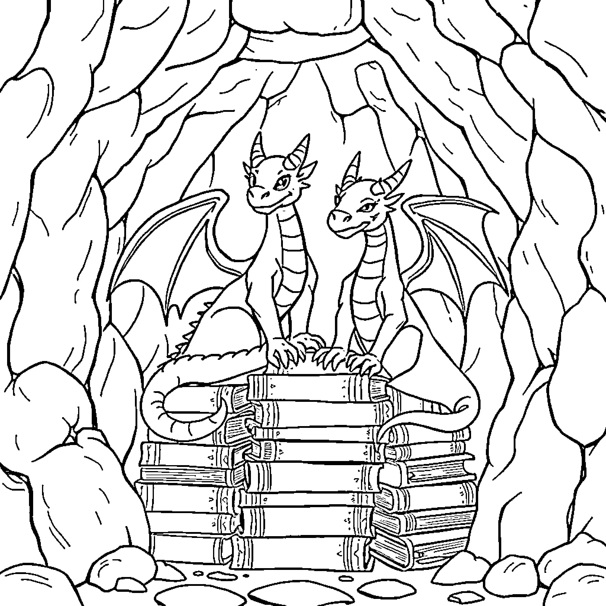 Dragons guarding treasures in cave Coloring Page (free black-and-white line drawing printable PDF for all, from beginners to advanced learners, including children, teens, adults, and seniors)