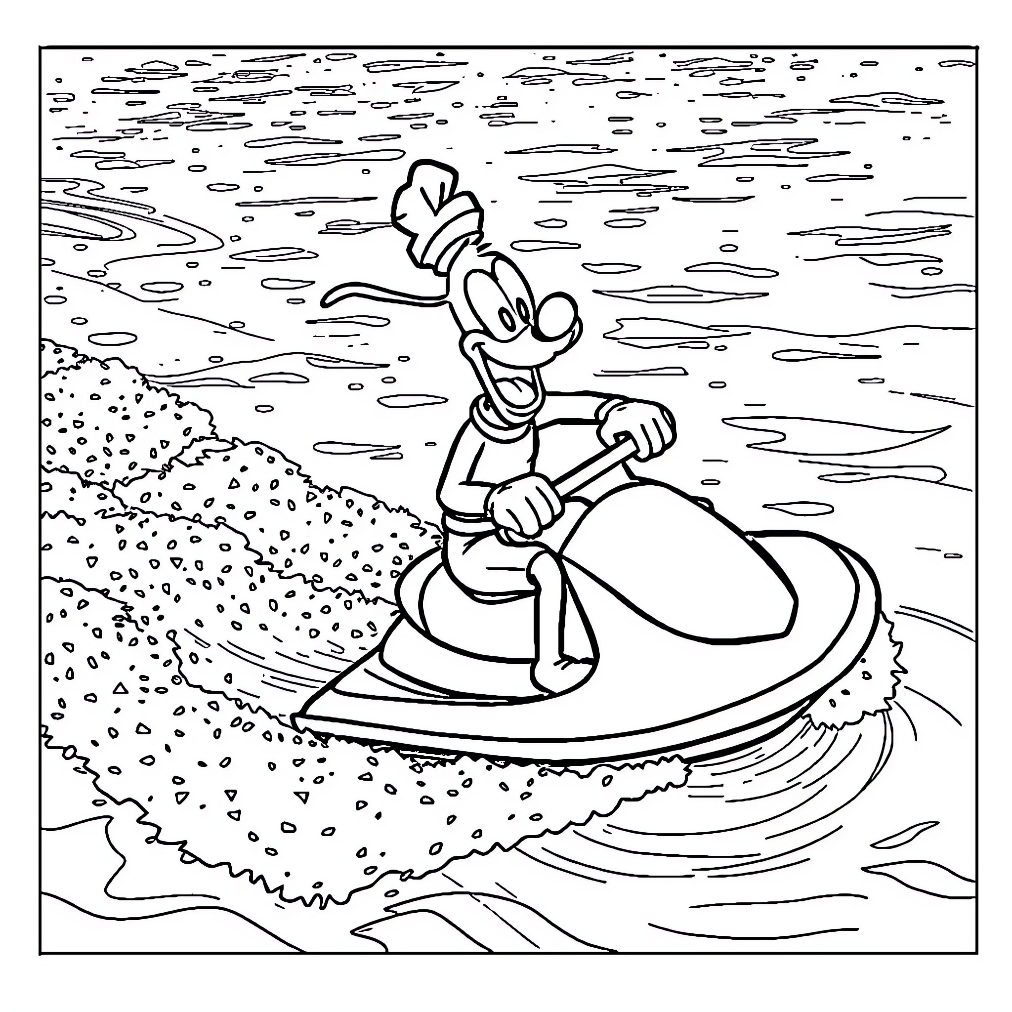 Goofy character surfing on a wavy sea Coloring Page (free black-and-white line drawing printable PDF for all, from beginners to advanced learners, including children, teens, adults, and seniors)