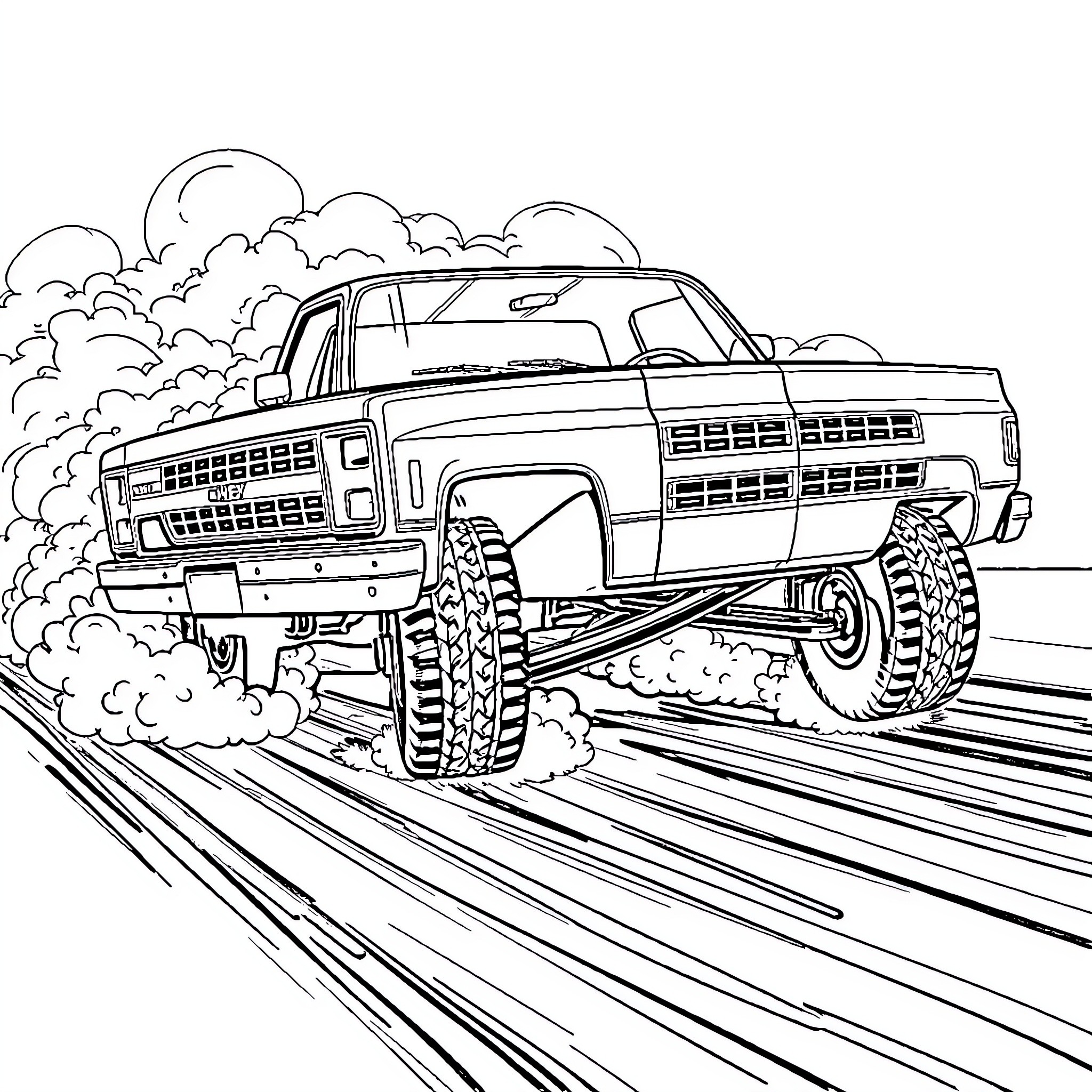 Chevy K1500 off-road truck in action on rugged terrain Coloring Page (free black-and-white line drawing printable PDF for all, from beginners to advanced learners, including children, teens, adults, and seniors)