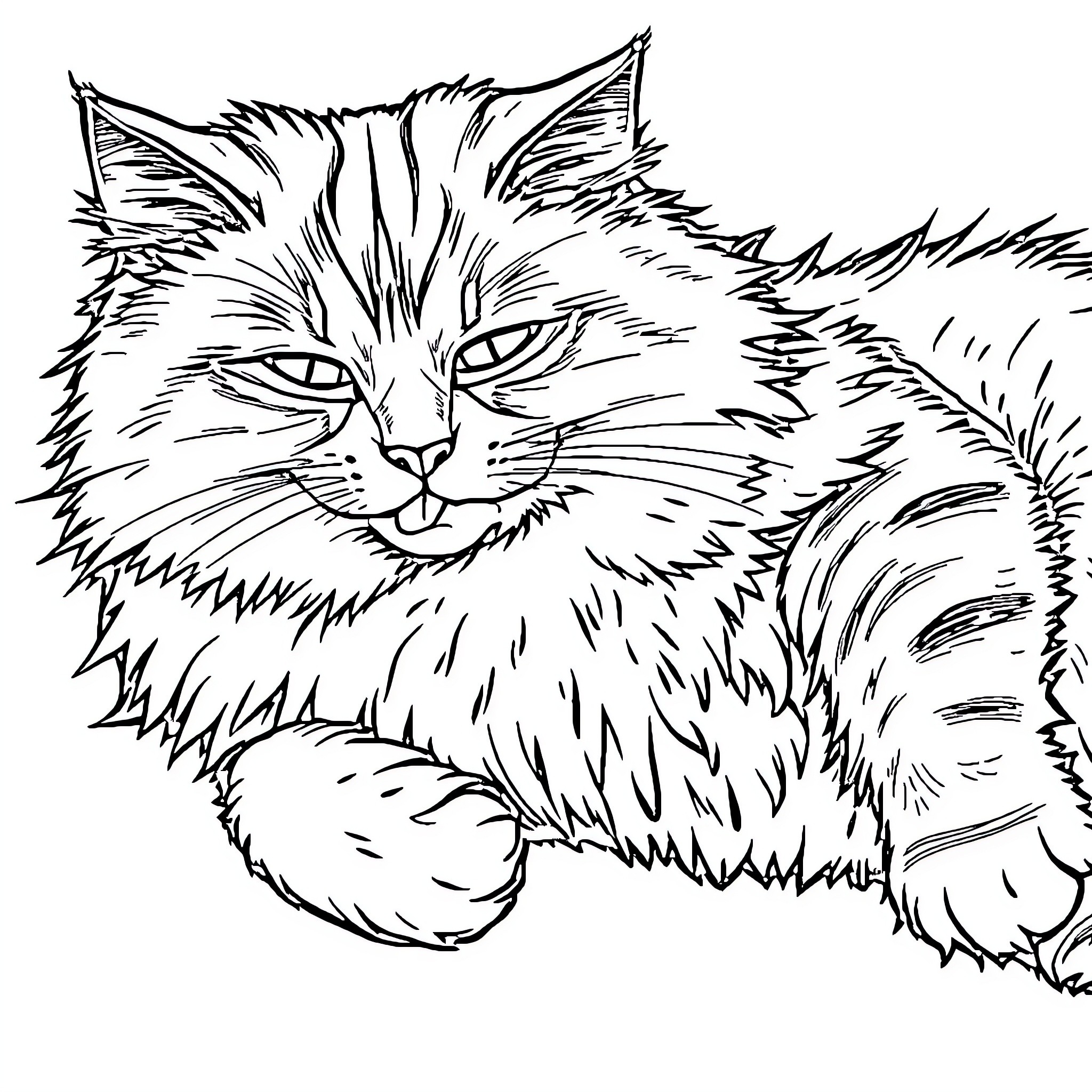 Cat in contemplative pose Coloring Page (free black-and-white line drawing printable PDF for all, from beginners to advanced learners, including children, teens, adults, and seniors)
