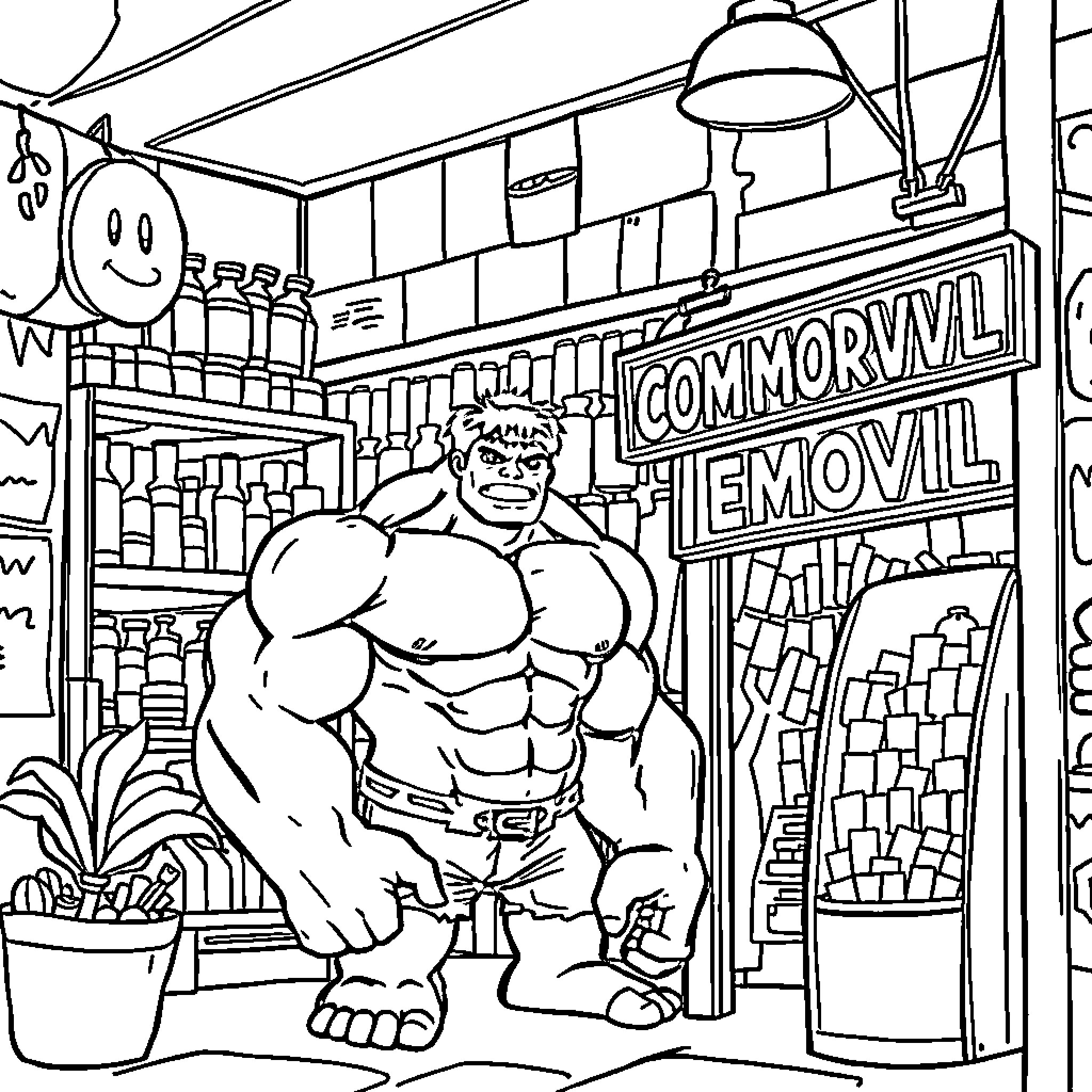 Hulk Smashing Through Grocery Store Coloring Page (free black-and-white line drawing printable PDF for all, from beginners to advanced learners, including children, teens, adults, and seniors)