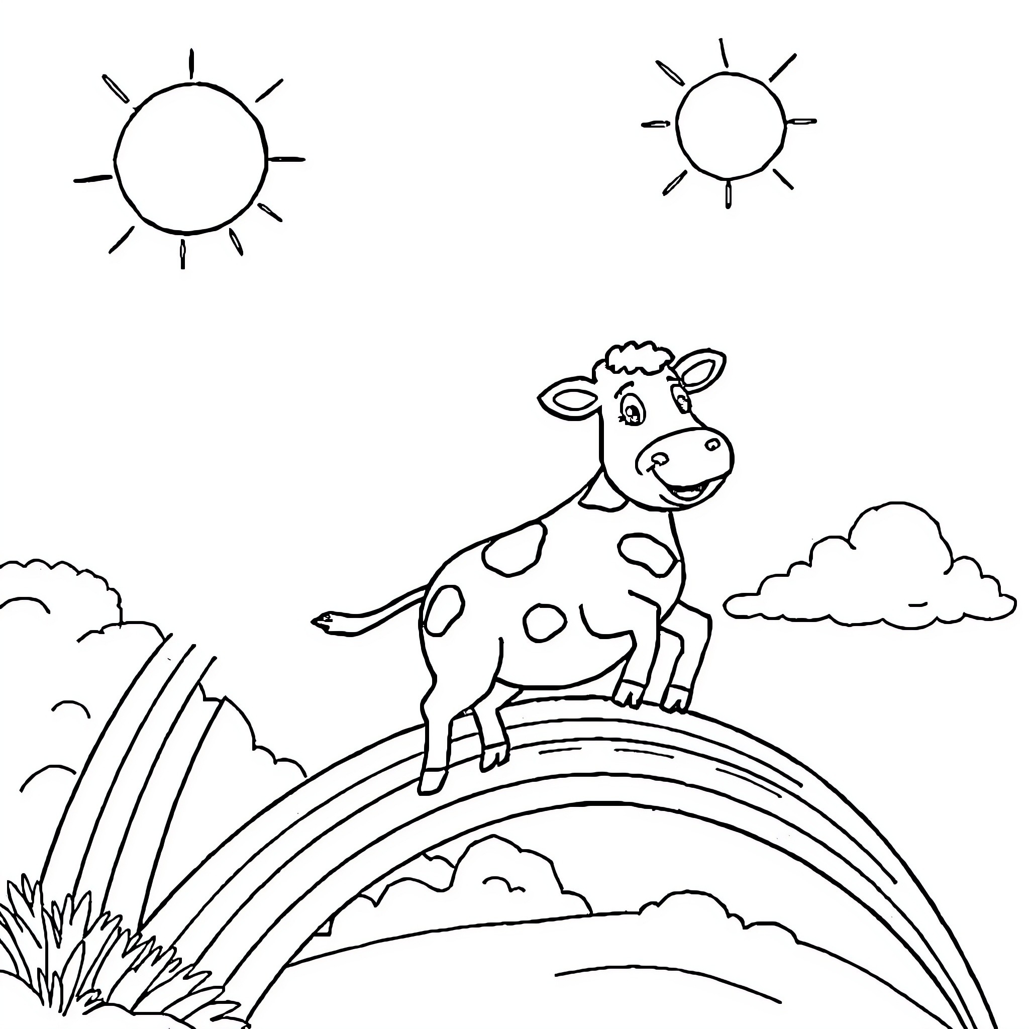 Cow enjoying the sunny day on a rainbow hill Coloring Page (free black-and-white line drawing printable PDF for all, from beginners to advanced learners, including children, teens, adults, and seniors)