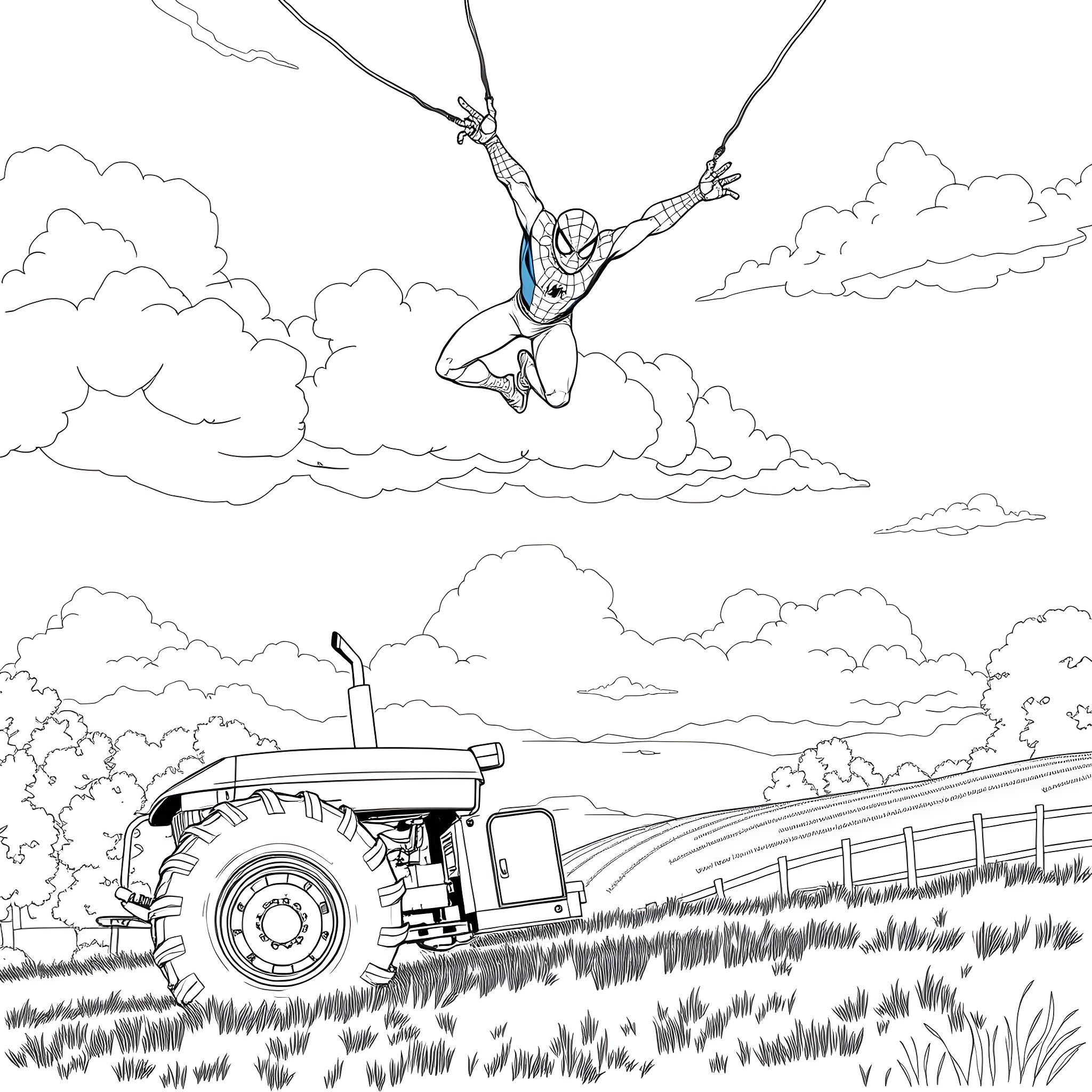 Tractor in the field with spiderman swinging overhead Coloring Page (free black-and-white line drawing printable PDF for all, from beginners to advanced learners, including children, teens, adults, and seniors)