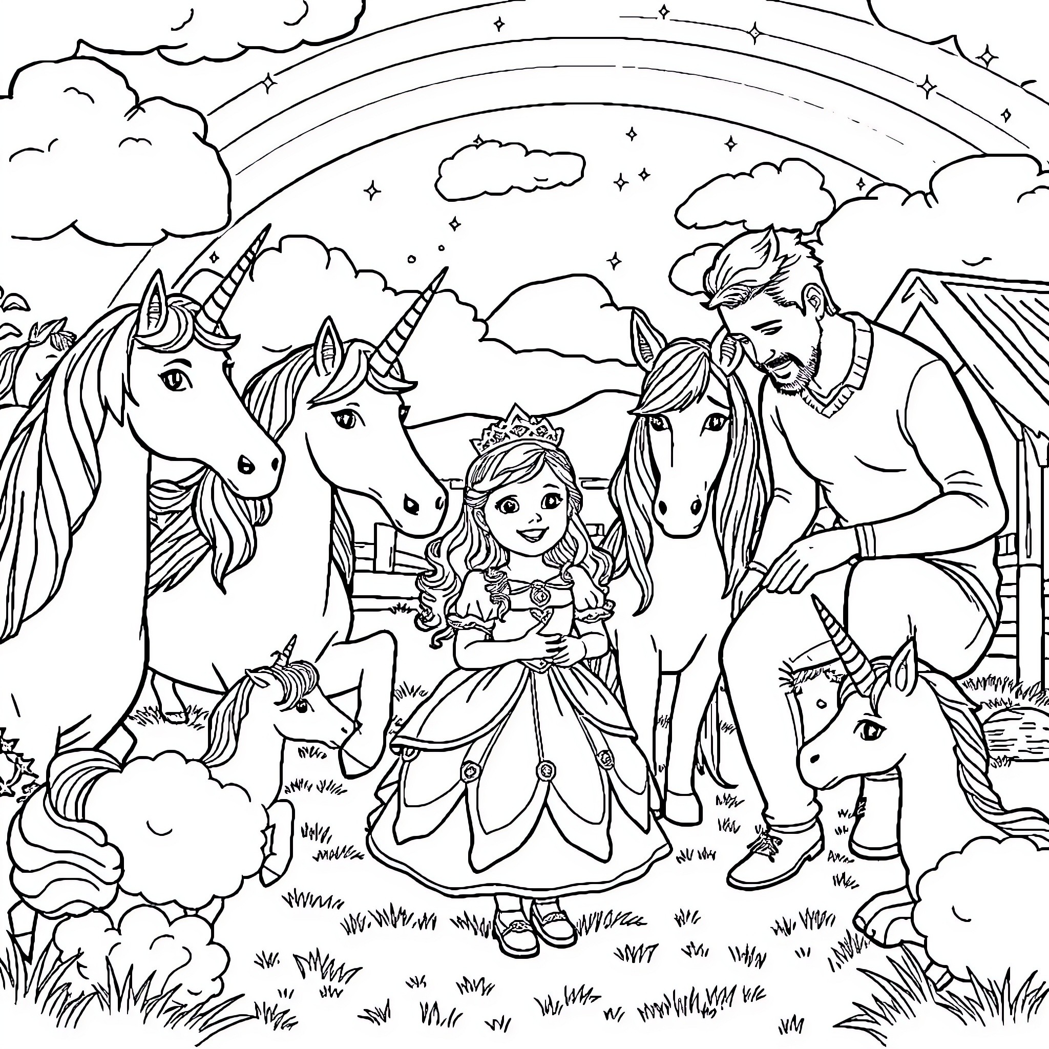 Child Enjoying Time with Unicorns and Fantasy Friends Coloring Page (free black-and-white line drawing printable PDF for all, from beginners to advanced learners, including children, teens, adults, and seniors)