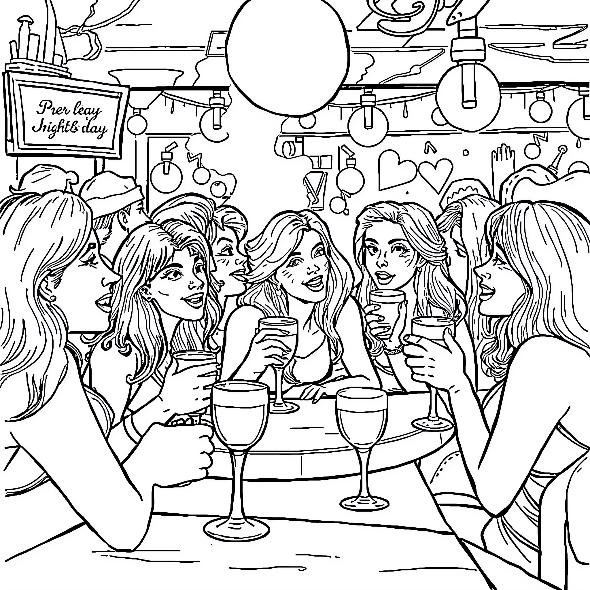 Mom's Girls' Night Out at the Bar Coloring Page (free black-and-white line drawing printable PDF for all, from beginners to advanced learners, including children, teens, adults, and seniors)