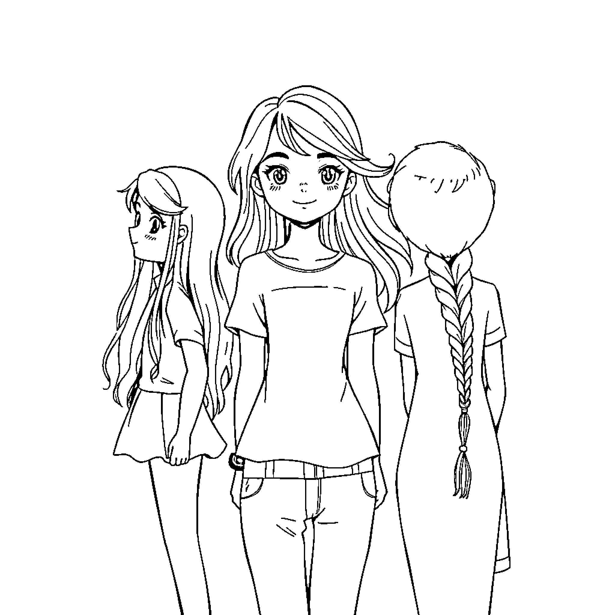 Girl friends posing together with casual outfits Coloring Page (free black-and-white line drawing printable PDF for all, from beginners to advanced learners, including children, teens, adults, and seniors)