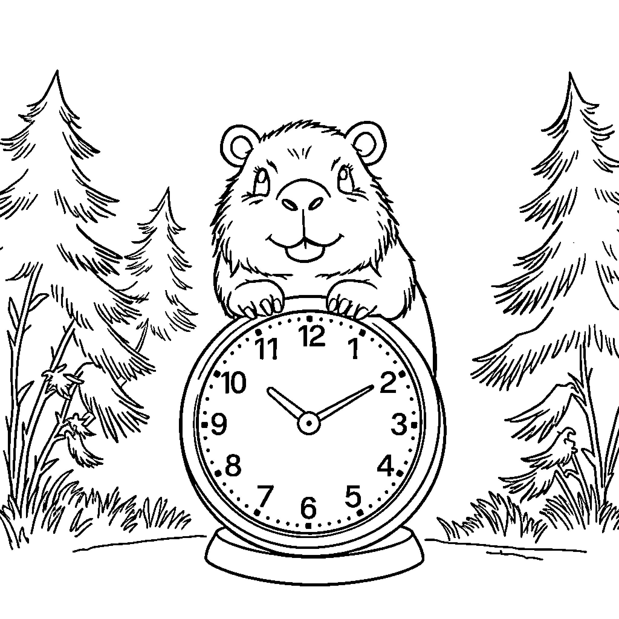 Capybara with a clock in a forest scene Coloring Page (free black-and-white line drawing printable PDF for all, from beginners to advanced learners, including children, teens, adults, and seniors)