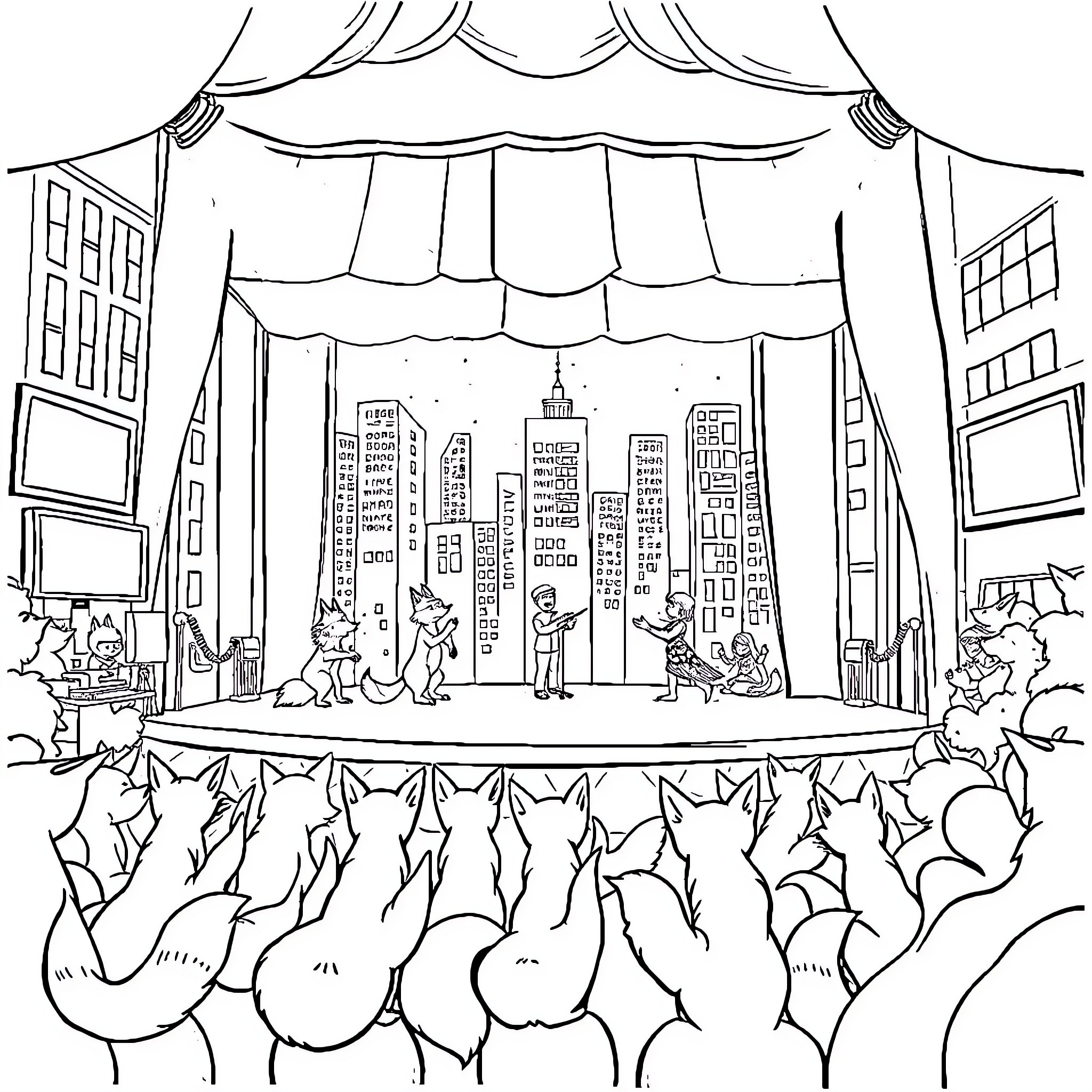 Fox performers entertain crowd on city stage Coloring Page (free black-and-white line drawing printable PDF for all, from beginners to advanced learners, including children, teens, adults, and seniors)