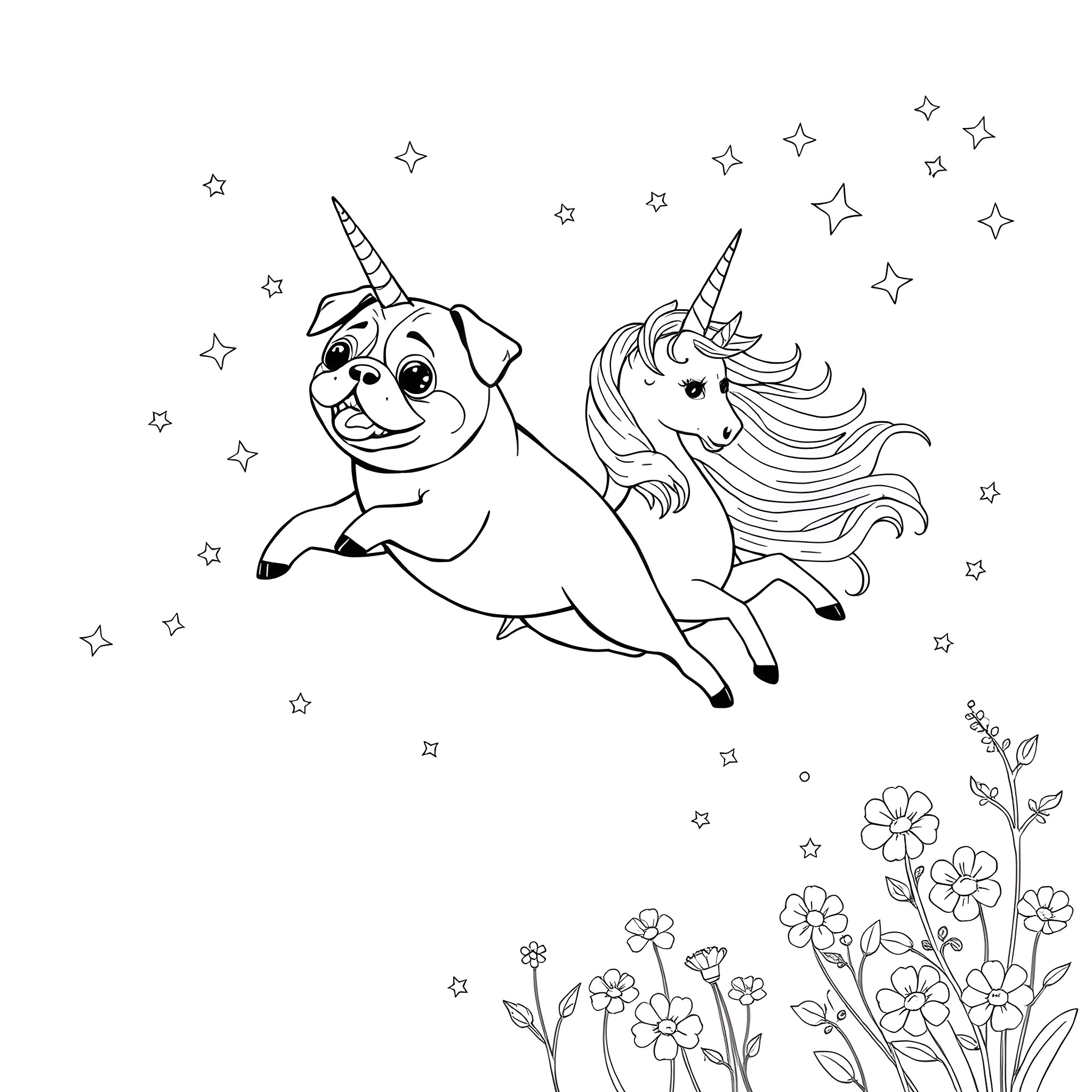 Pug and Unicorn Frolicking Amid Stars Coloring Page (free black-and-white line drawing printable PDF for all, from beginners to advanced learners, including children, teens, adults, and seniors)