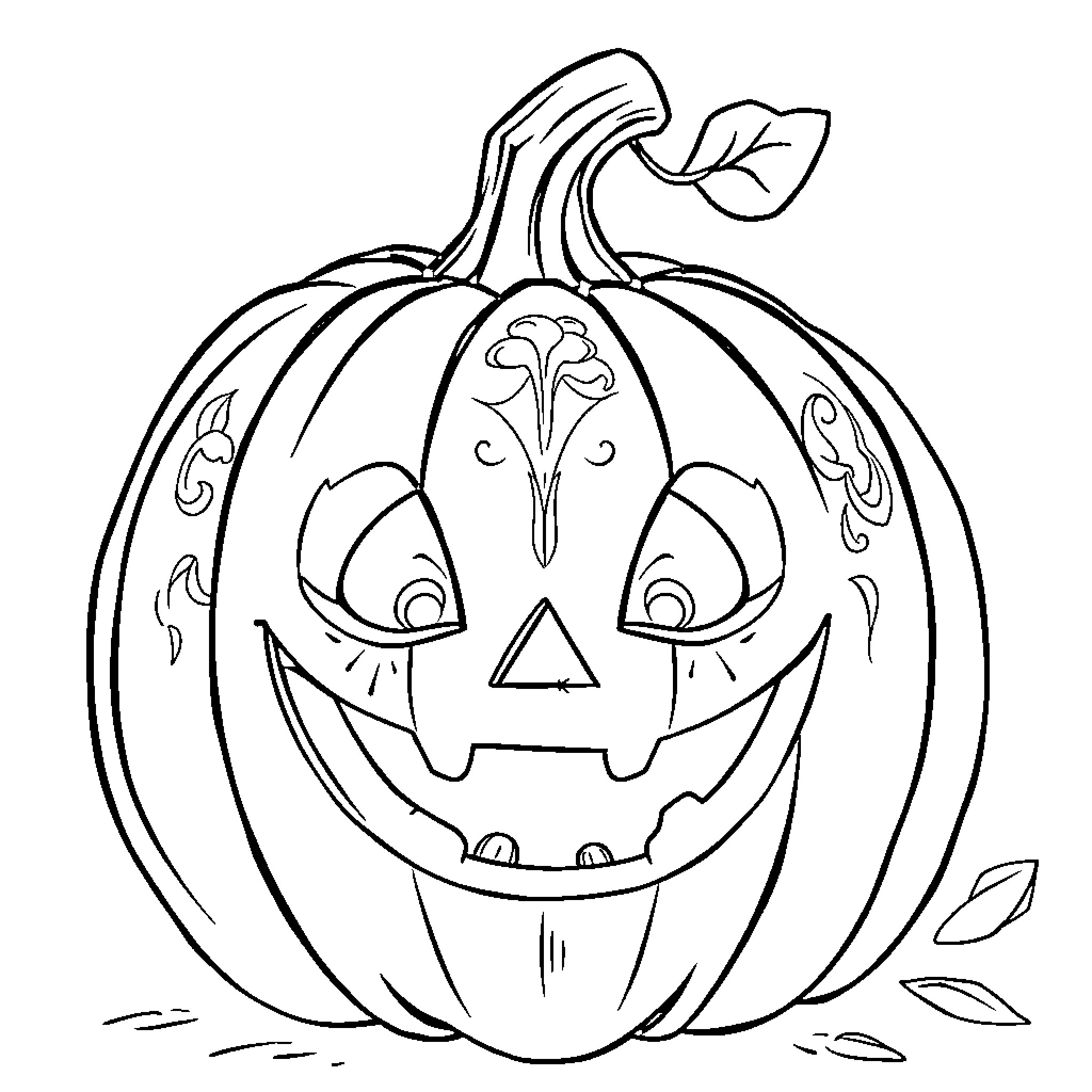 Jack-o'-lantern with a smiling face Coloring Page (free black-and-white line drawing printable PDF for all, from beginners to advanced learners, including children, teens, adults, and seniors)