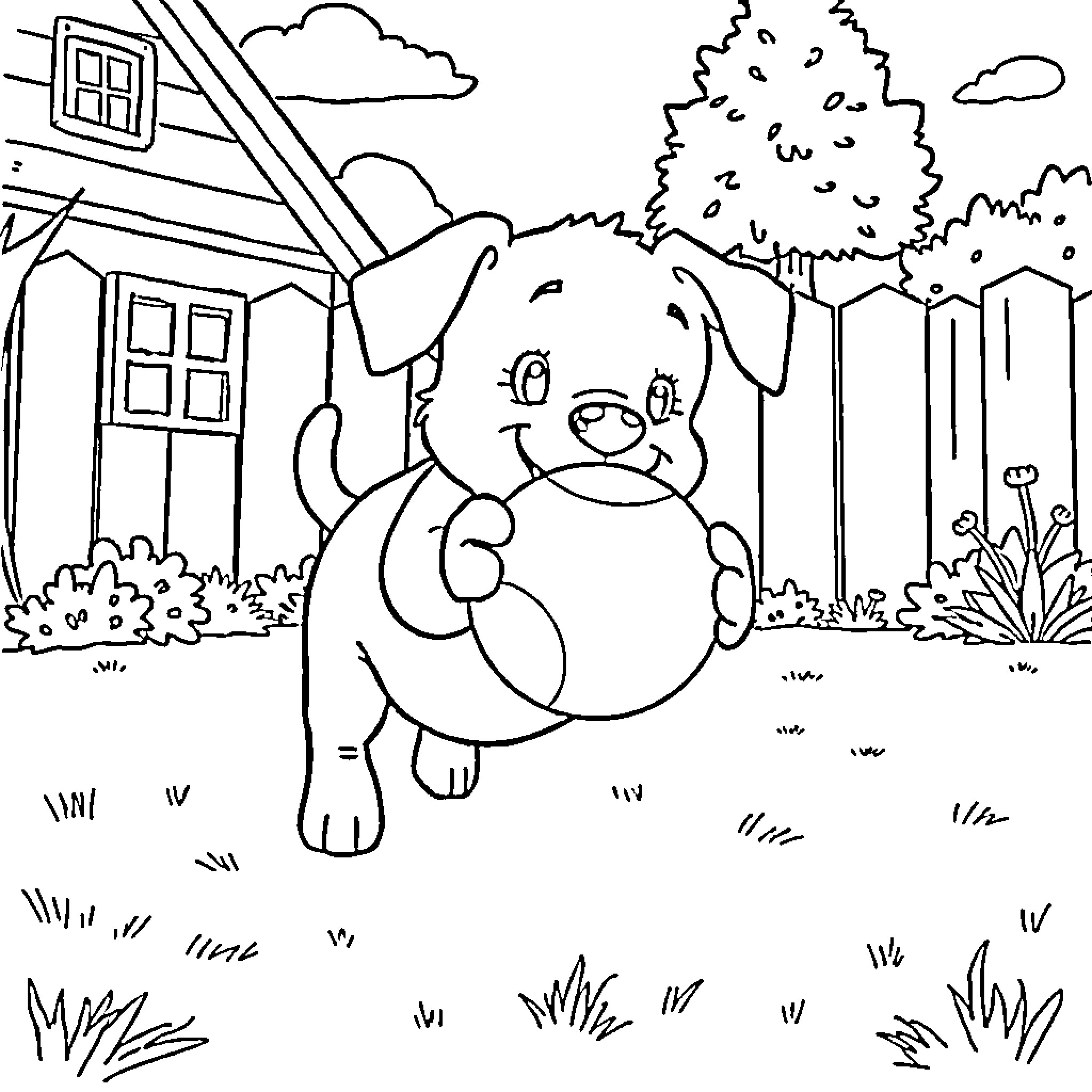 Bluey playing happily in the backyard Coloring Page (free black-and-white line drawing printable PDF for all, from beginners to advanced learners, including children, teens, adults, and seniors)