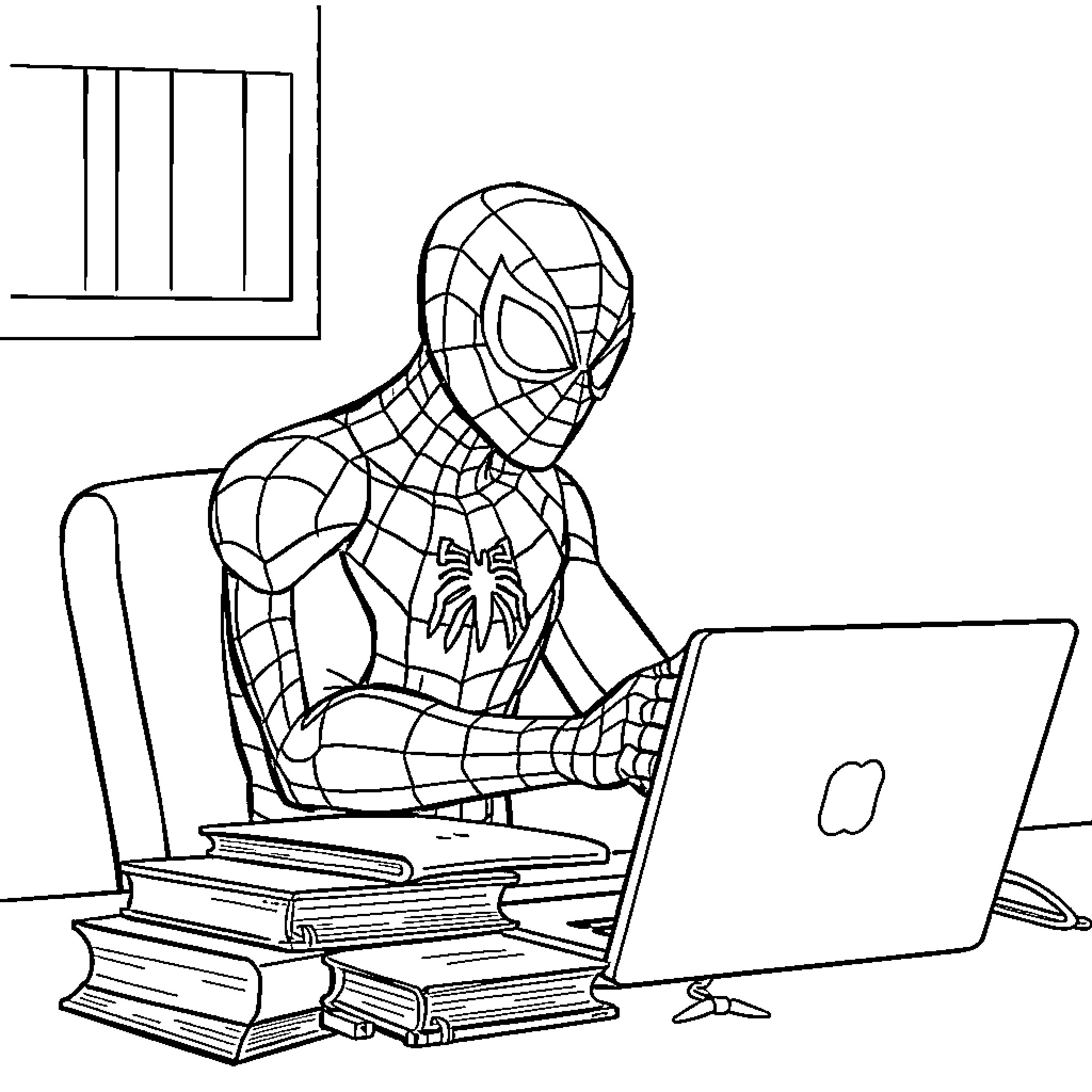 Spiderman studying diligently with books and laptop Coloring Page (free black-and-white line drawing printable PDF for all, from beginners to advanced learners, including children, teens, adults, and seniors)