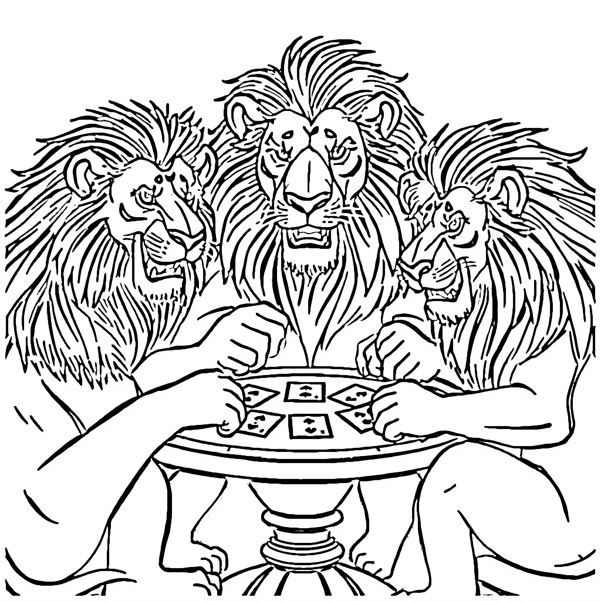 Lion Pride Roaring Fiercely Around Ceremonial Bowl Coloring Page (free black-and-white line drawing printable PDF for all, from beginners to advanced learners, including children, teens, adults, and seniors)