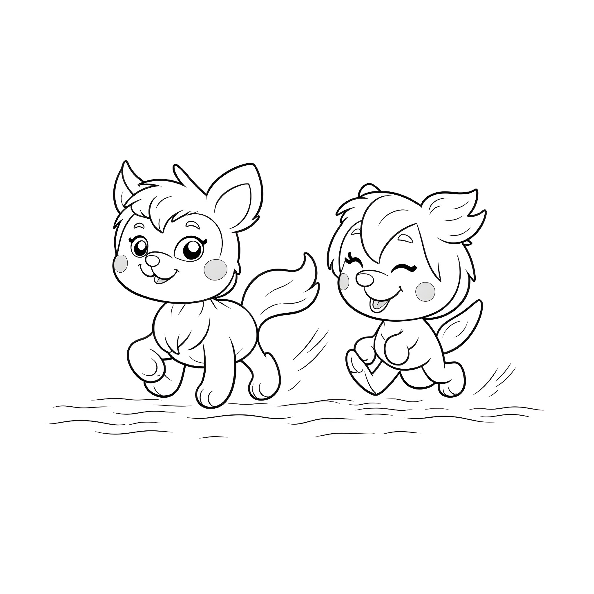 Bluey and Bingo playing together happily Coloring Page (free black-and-white line drawing printable PDF for all, from beginners to advanced learners, including children, teens, adults, and seniors)