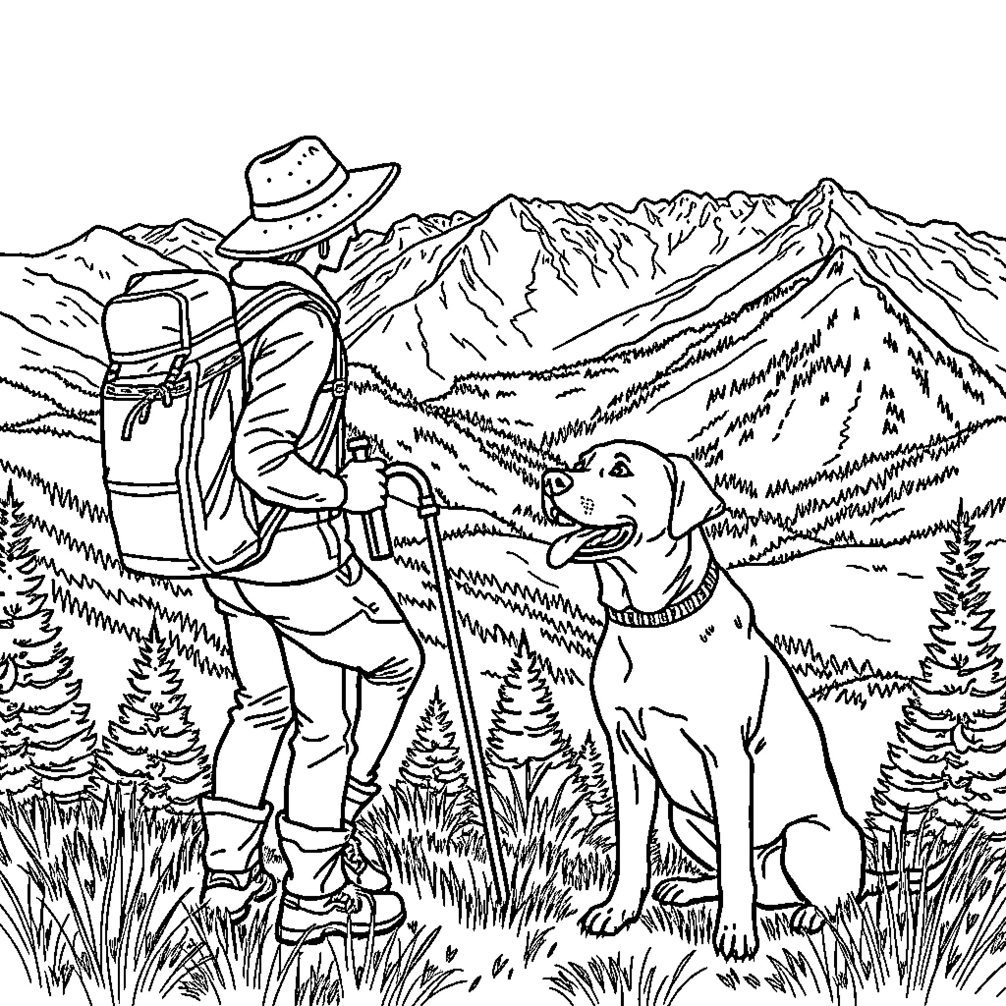 Hiker exploring the rugged mountain landscape with loyal companion Coloring Page (free black-and-white line drawing printable PDF for all, from beginners to advanced learners, including children, teens, adults, and seniors)