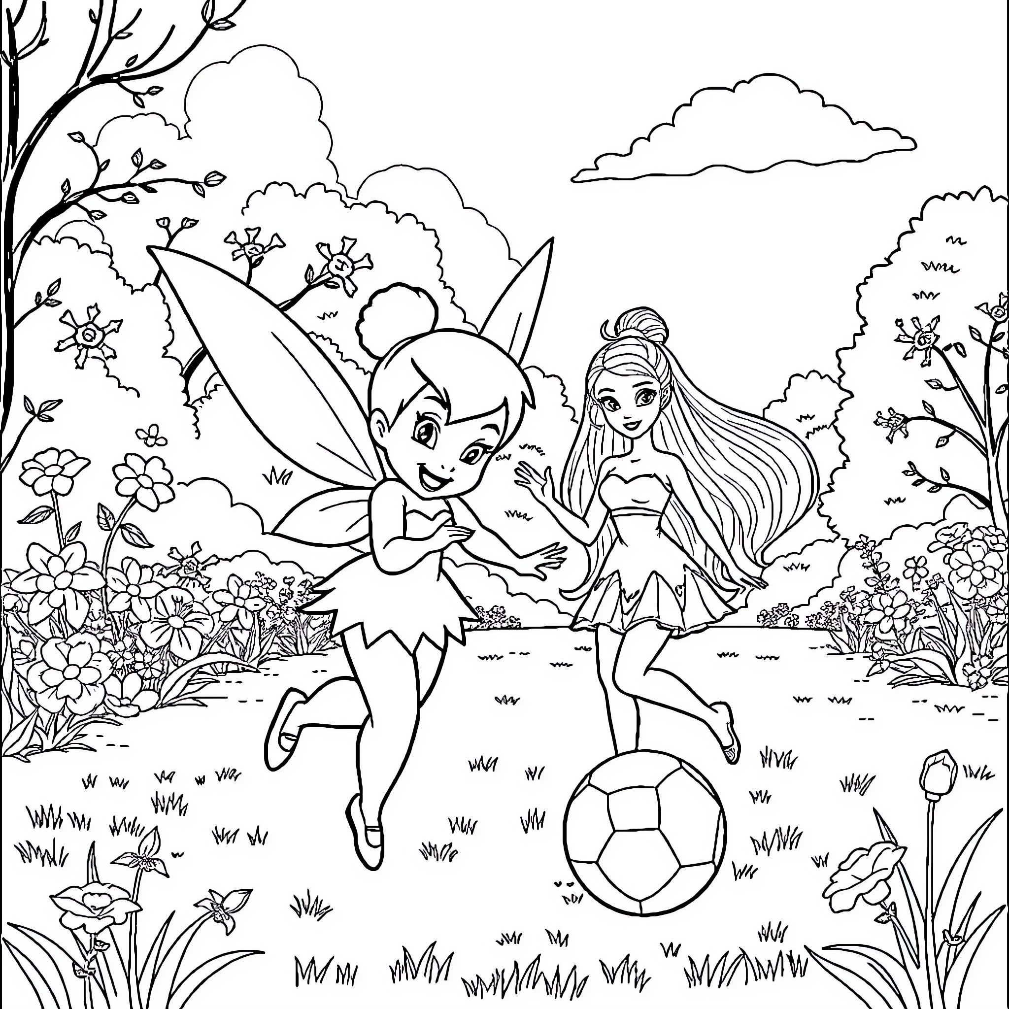 Tinkabell playing in the magical forest with a friend Coloring Page (free black-and-white line drawing printable PDF for all, from beginners to advanced learners, including children, teens, adults, and seniors)