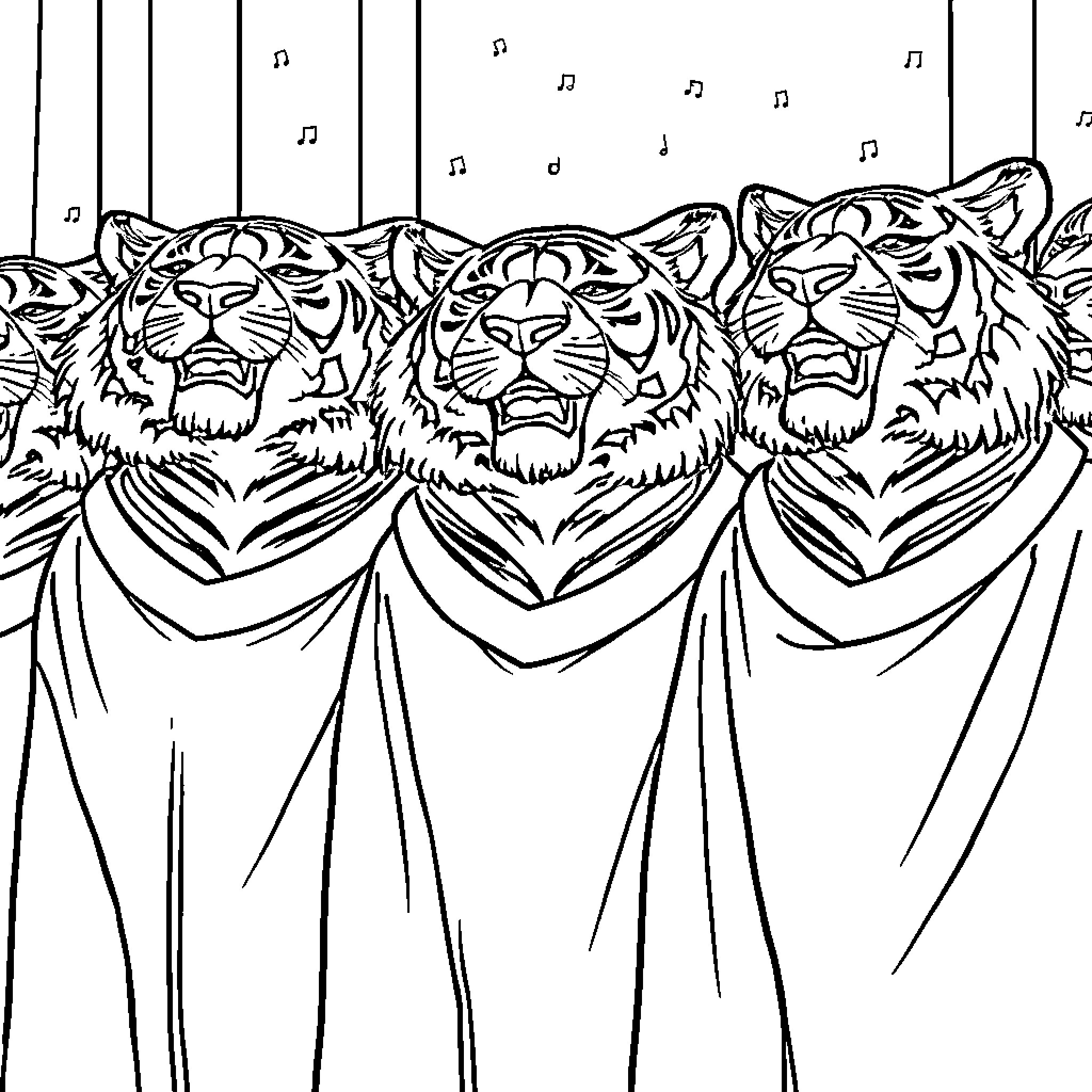 Tiger Performers Roaring on Stage Coloring Page (free black-and-white line drawing printable PDF for all, from beginners to advanced learners, including children, teens, adults, and seniors)