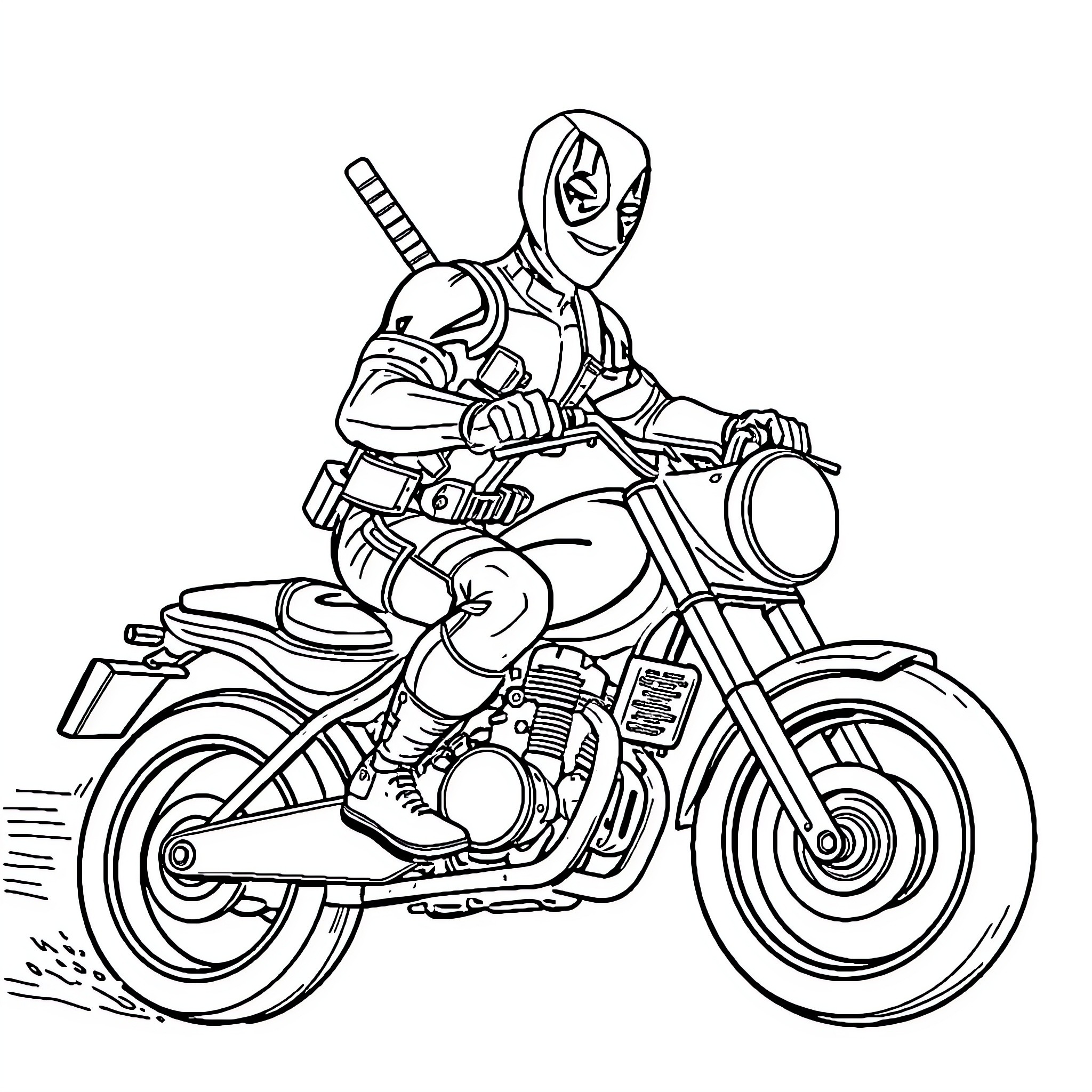 Deadpool riding a motorcycle with confidence Coloring Page (free black-and-white line drawing printable PDF for all, from beginners to advanced learners, including children, teens, adults, and seniors)