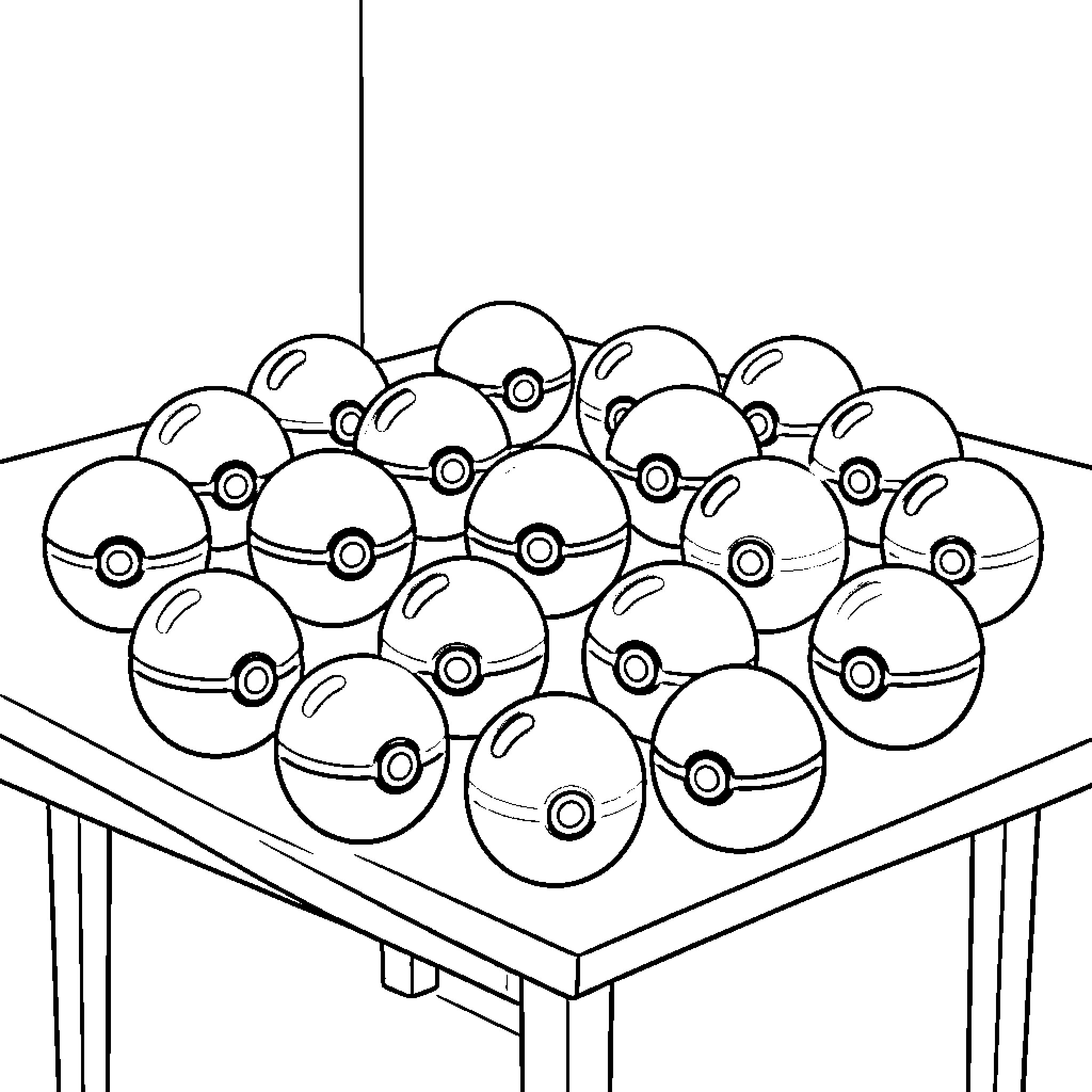 Pokeball display featuring various spherical objects Coloring Page (free black-and-white line drawing printable PDF for all, from beginners to advanced learners, including children, teens, adults, and seniors)