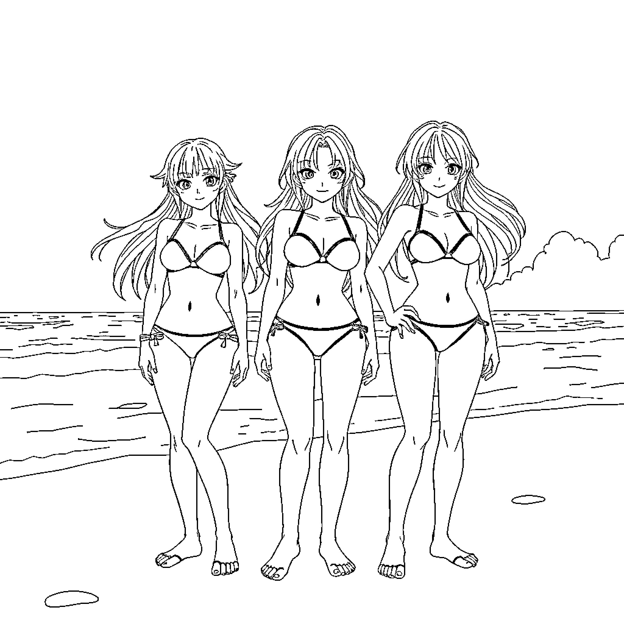 Female Characters in Swimsuits at the Beach Coloring Page (free black-and-white line drawing printable PDF for all, from beginners to advanced learners, including children, teens, adults, and seniors)