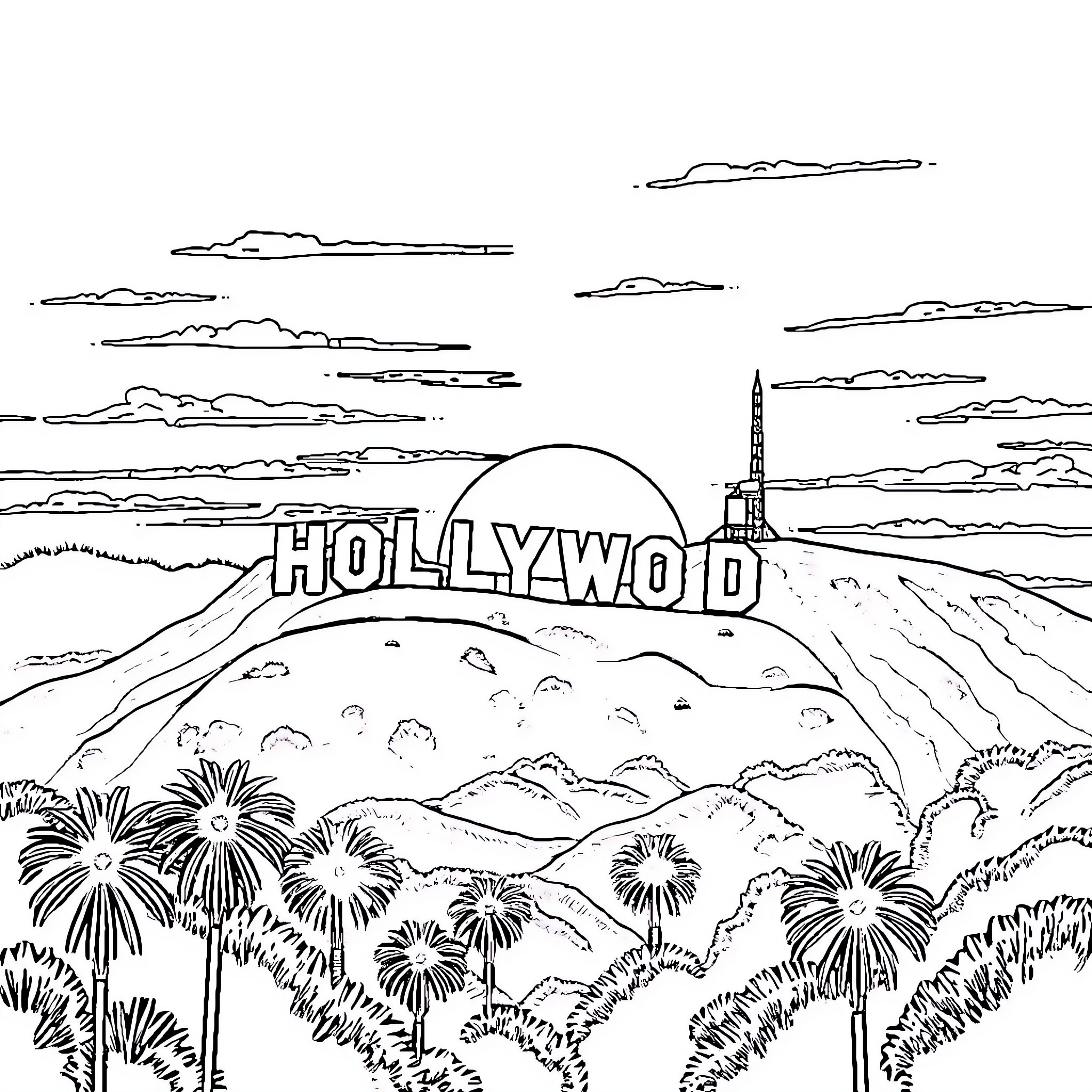 Sunset over the Hollywood sign and landscape Coloring Page (free black-and-white line drawing printable PDF for all, from beginners to advanced learners, including children, teens, adults, and seniors)