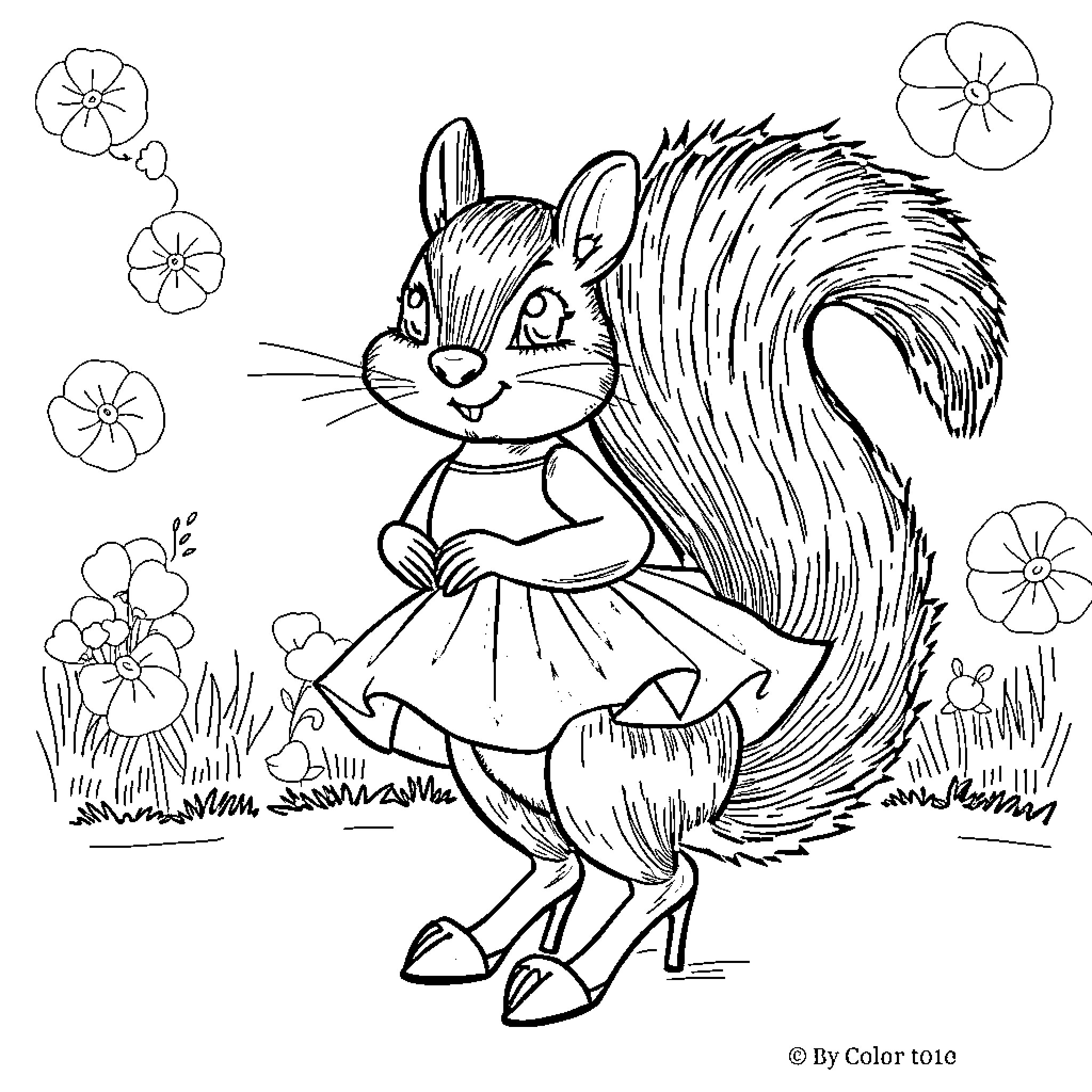 Squirrel in a dress dancing among flowers Coloring Page (free black-and-white line drawing printable PDF for all, from beginners to advanced learners, including children, teens, adults, and seniors)